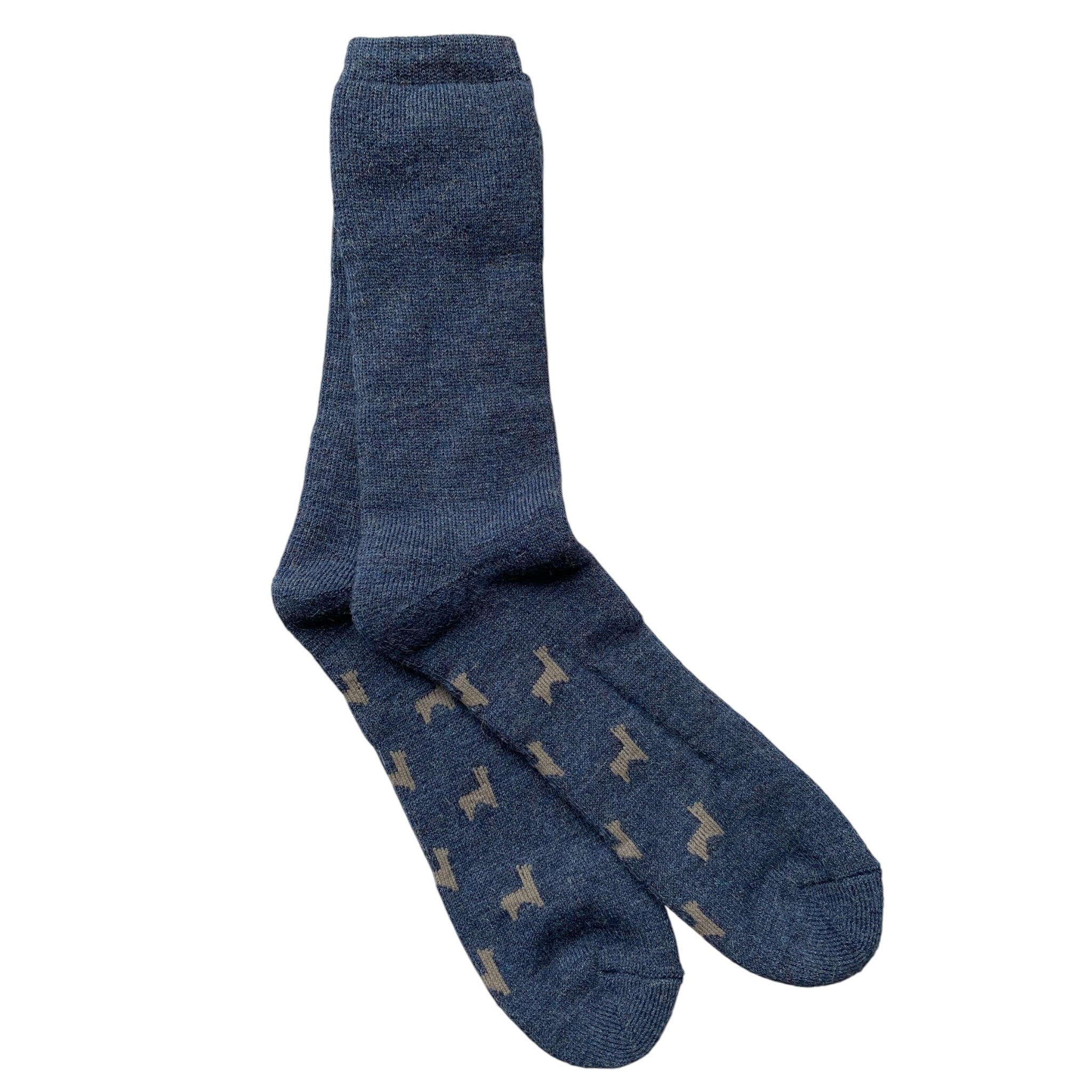 Alpaca outdoor socks in denim with alpaca motif, warm socks for walking and boots.