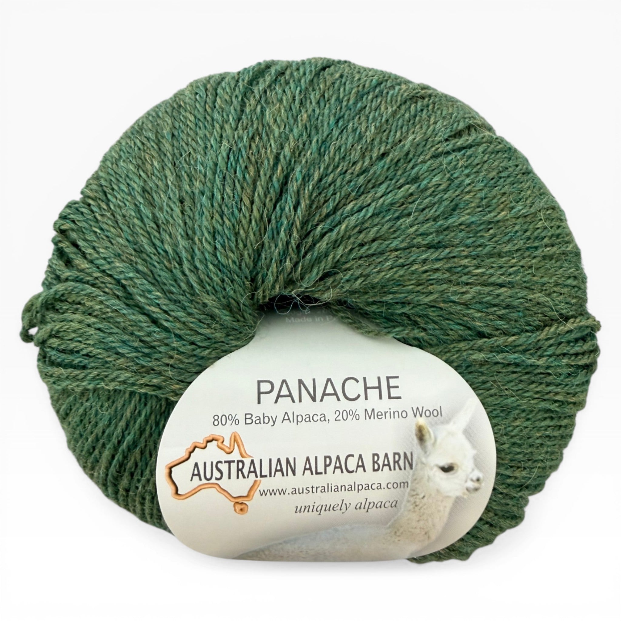 Australian Alpaca Barn Panache 4ply yarn ball in green melange.