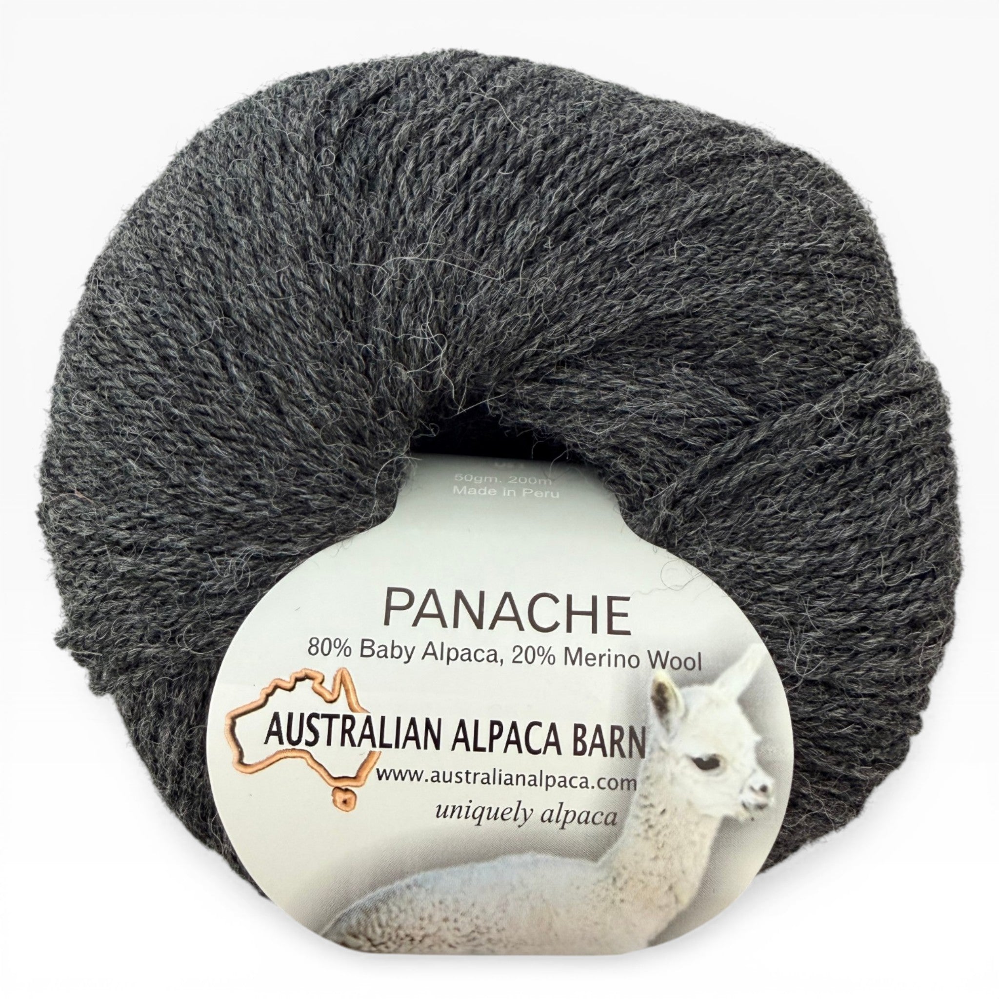 Australian Alpaca Barn 4ply Baby Alpaca and Merino Panache yarn ball in charcoal