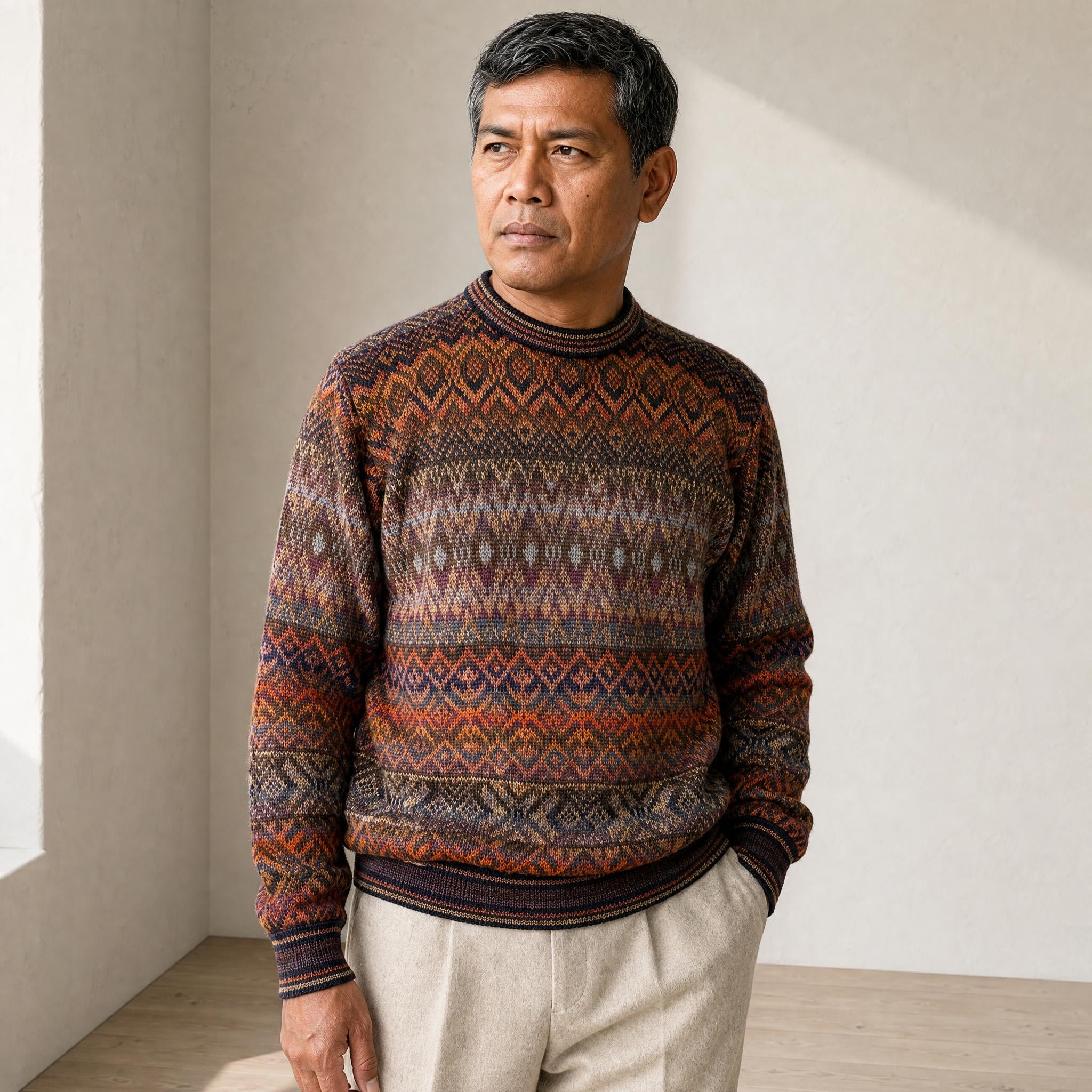 Men’s Pando alpaca sweater in warm red and earth tone pattern