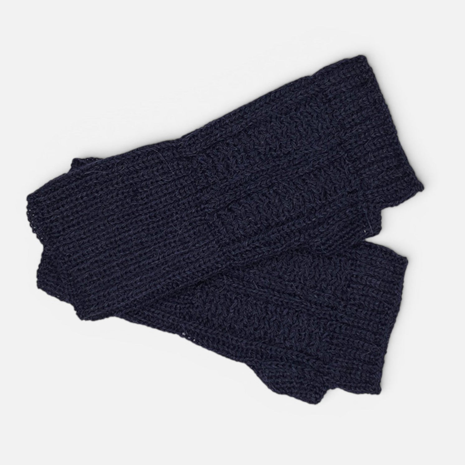 Navy baby alpaca wrist warmers with decorative knitted panels and fingerless design