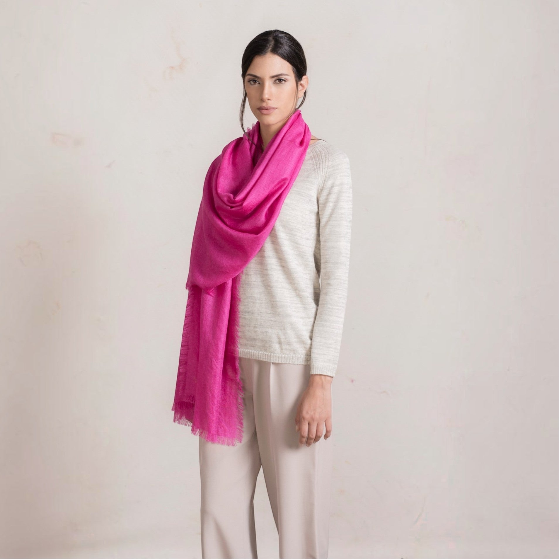Luxury Hot Pink alpaca silk shawl with soft drape, elegant winter layering piece.
