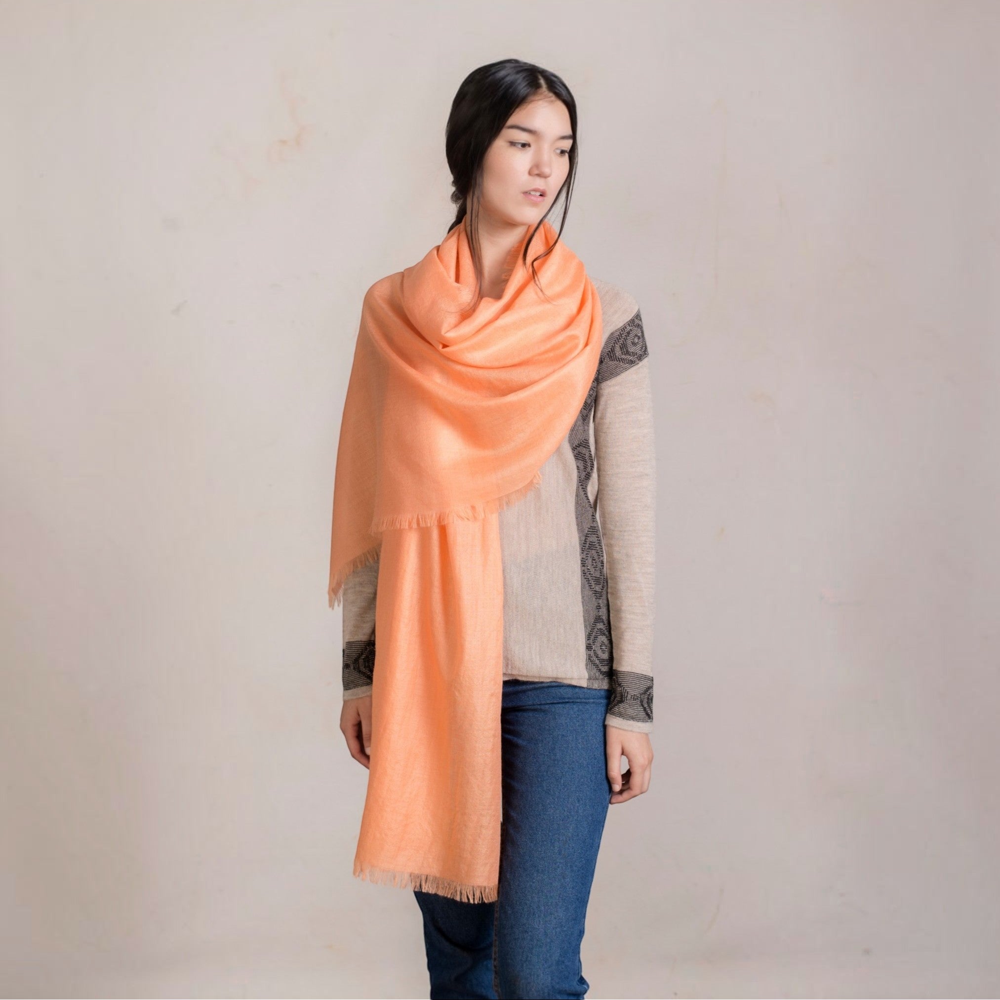Baby alpaca and silk shawl in pale orange, warm breathable wrap for cool weather.