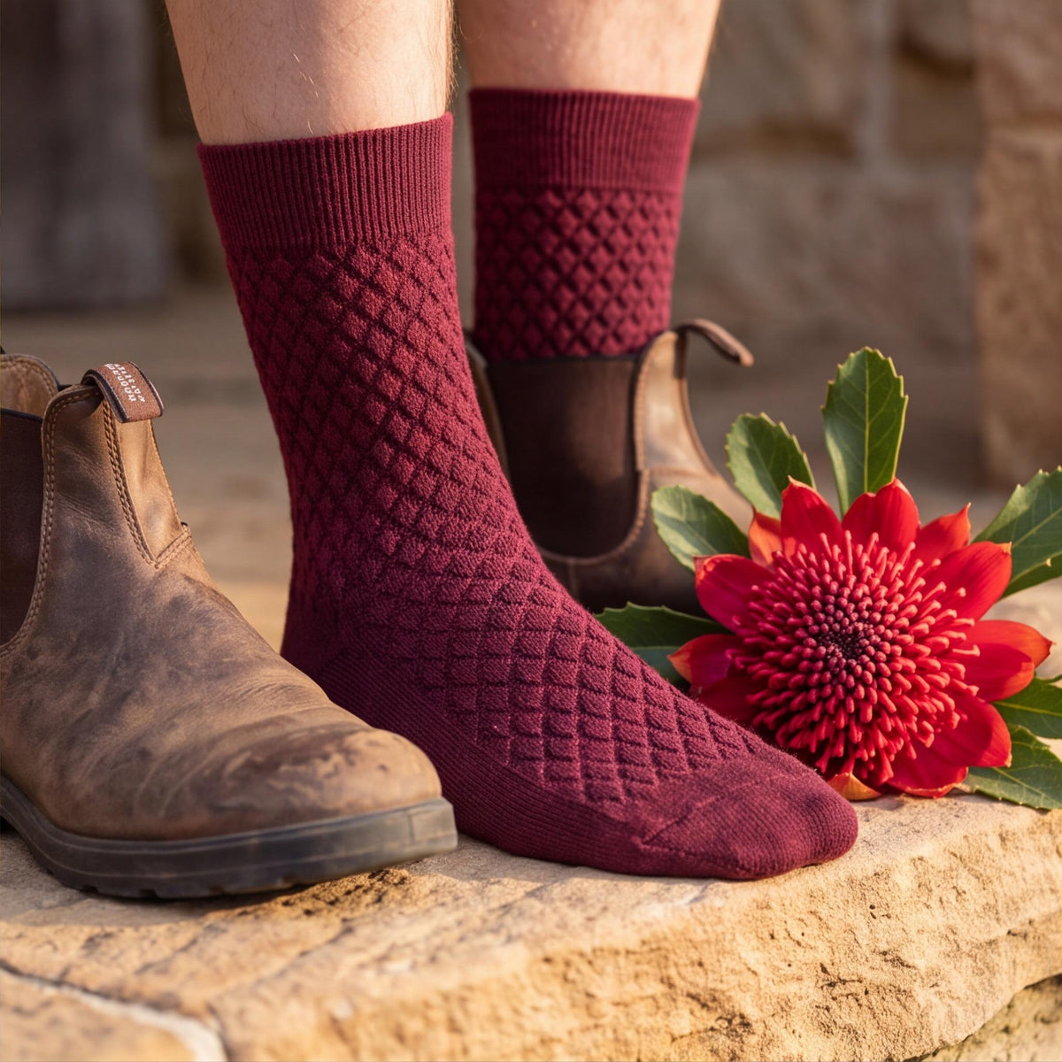 A person wearing burgundy Alpaca quilted socks, styled with brown boots and a red Australian Native flower on a stone surface.