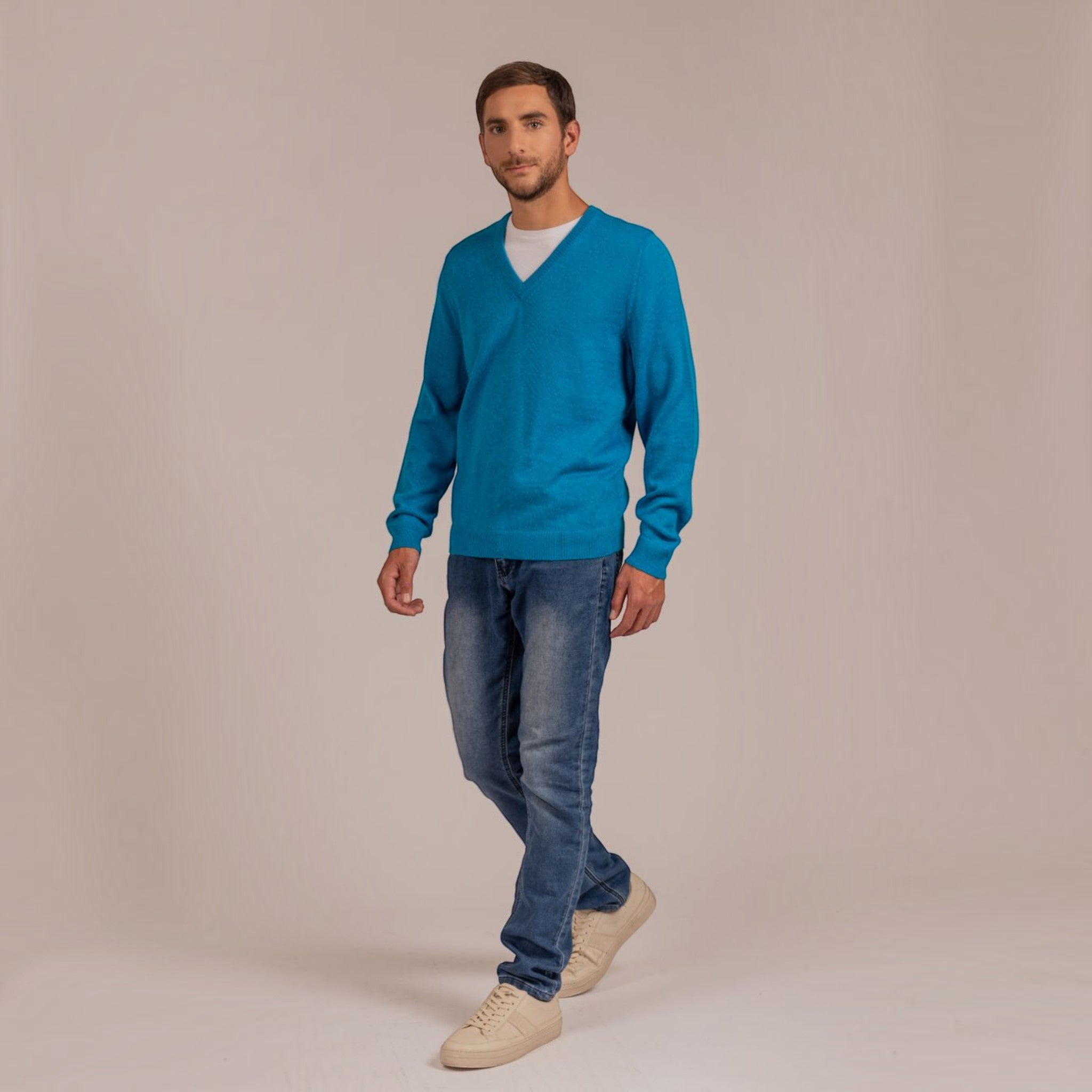 Male model in classic V-neck alpaca knit sweater
