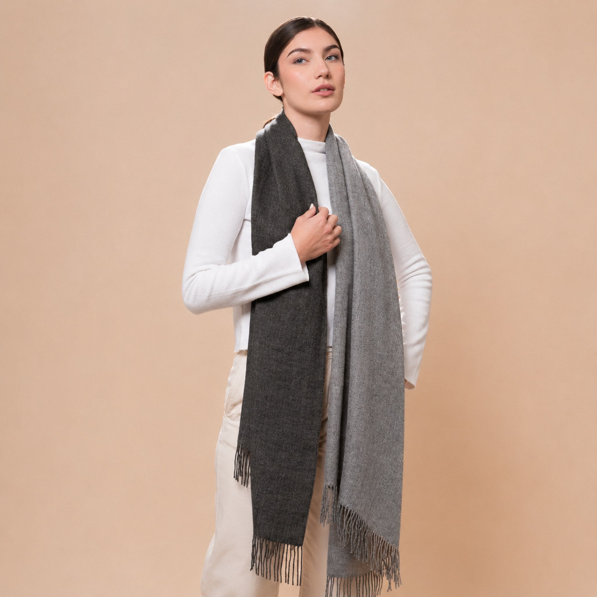 Two-tone reversible Baby Alpaca shawl with fringed ends in charcoal and mid grey