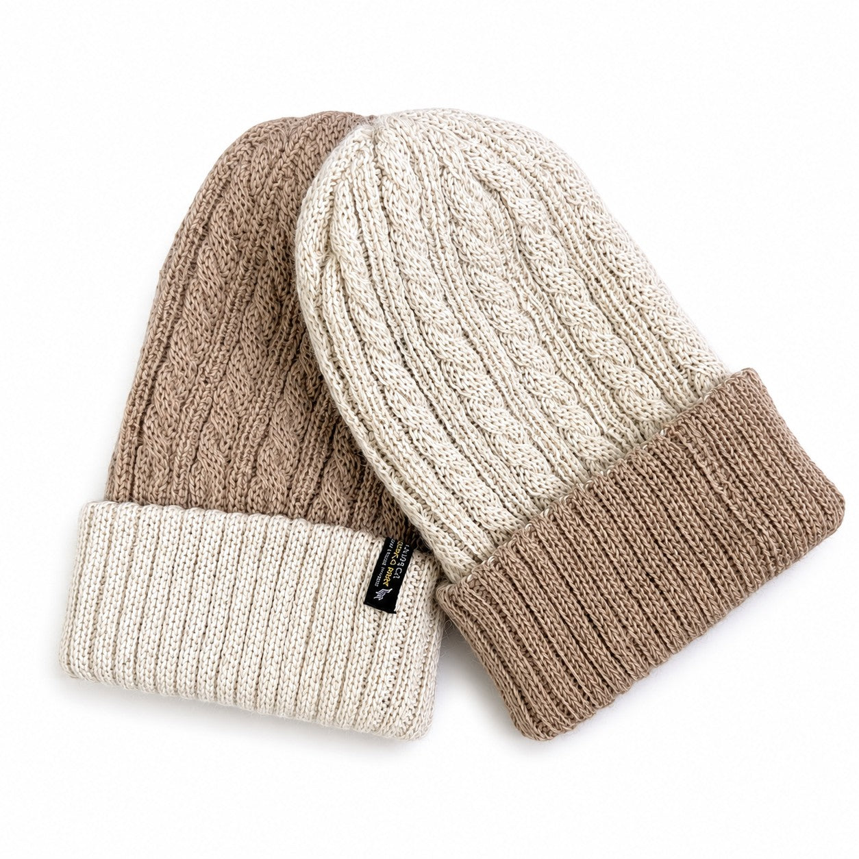 Lightweight reversible baby alpaca beanie for everyday wear in camel and cream