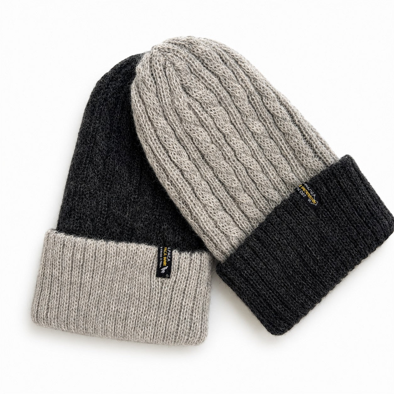 Soft and warm reversible alpaca winter beanie in charcoal and silver