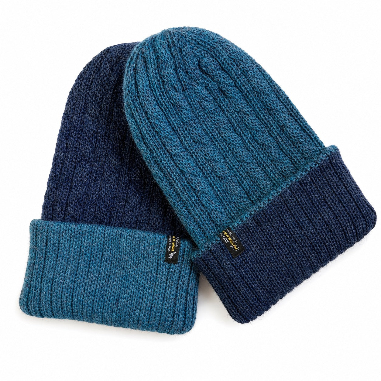 Baby alpaca reversible beanie for cold weather in teal and denim