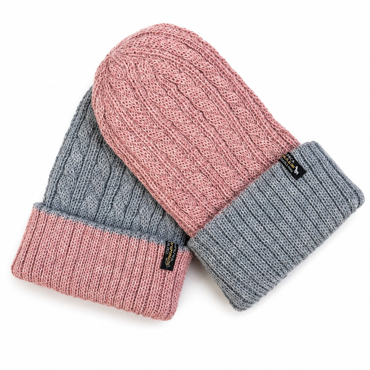 Reversible alpaca beanie made from soft baby alpaca fibre in pink and blue