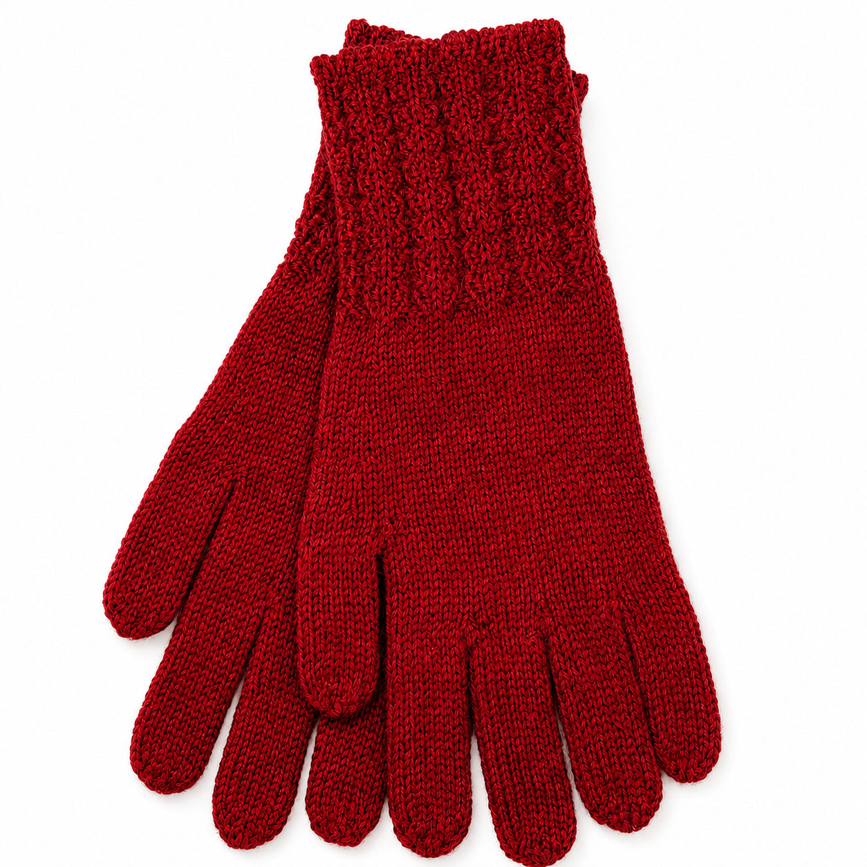 Red knitted alpaca gloves on a white background