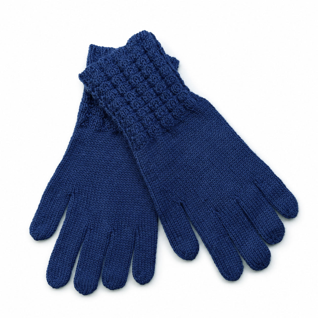 Pair of blue knitted alpaca gloves on a white background