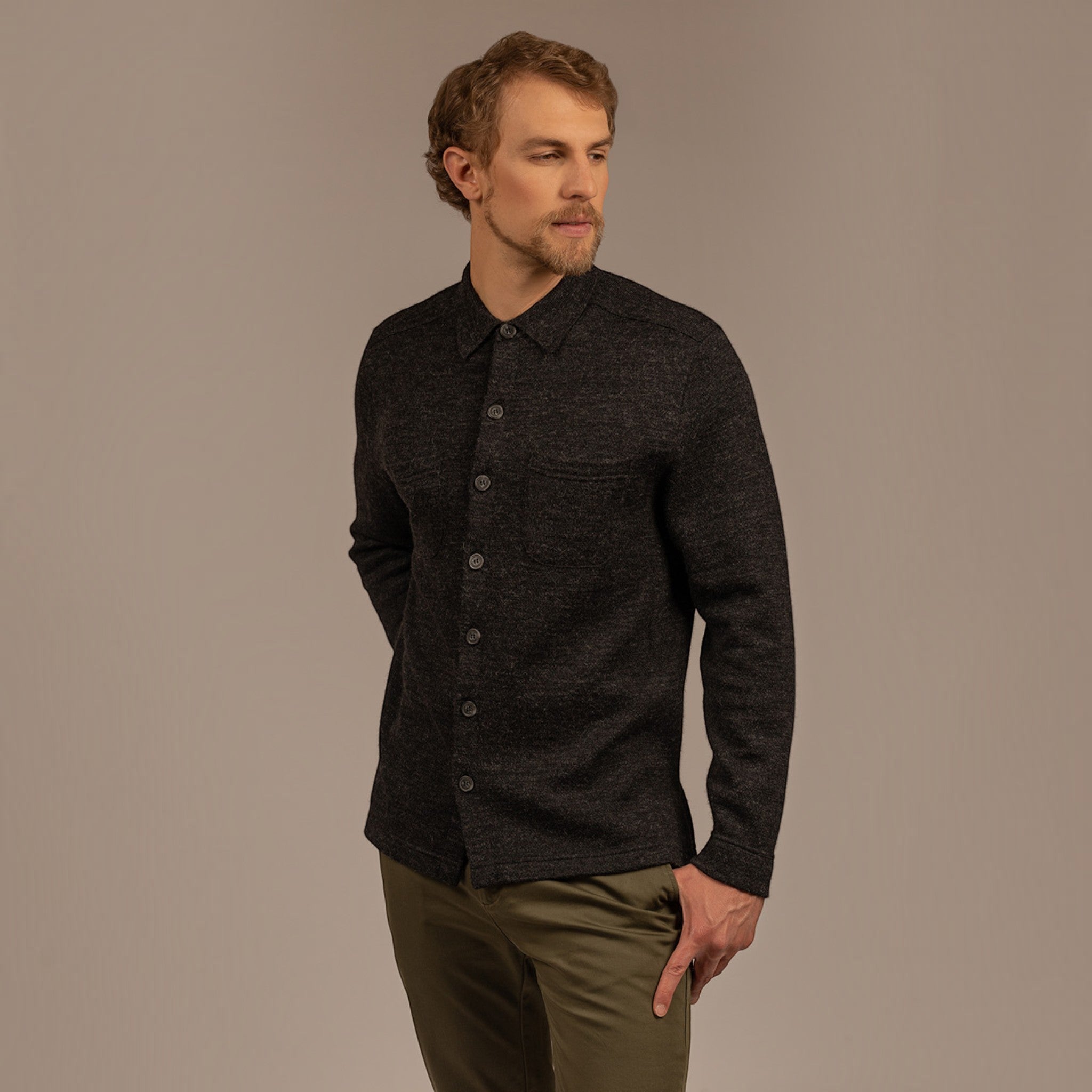 Men’s alpaca cardigan styled on male model