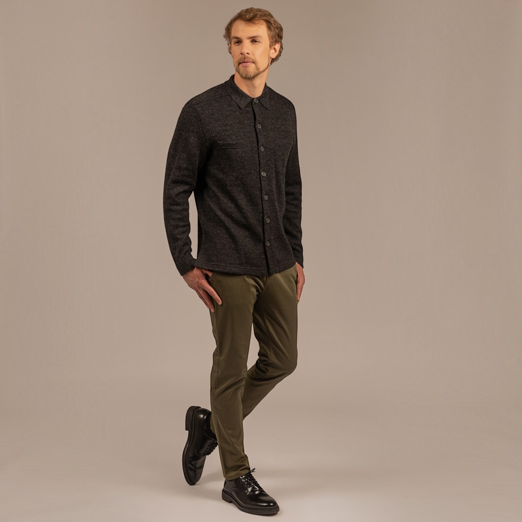 Male model in classic alpaca knit cardigan