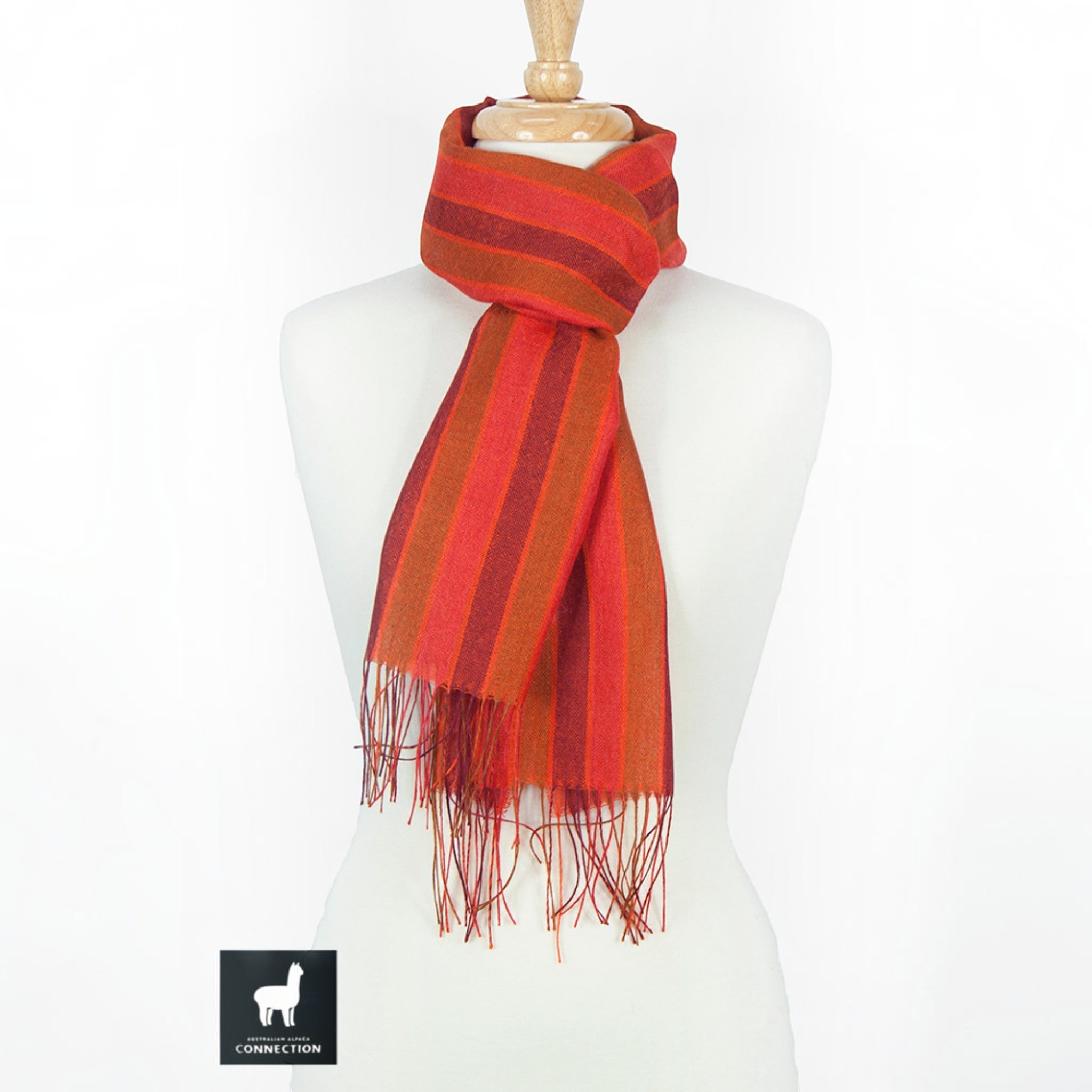 Baby alpaca silk scarf in red stripe, elegant warm evening shawl.