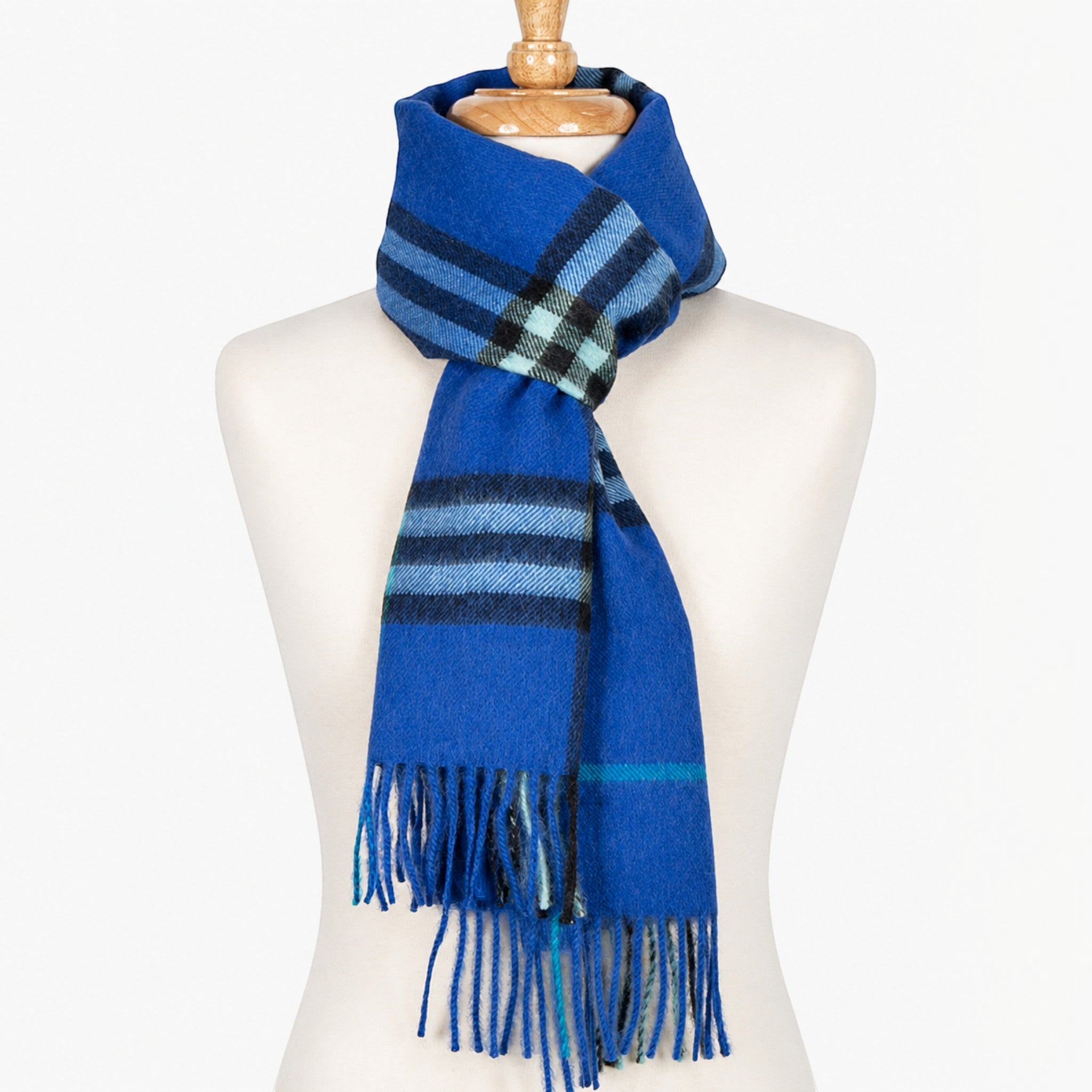 Blue check 100% Baby Alpaca scarf with navy, pale blue and aqua detailing and fringed ends