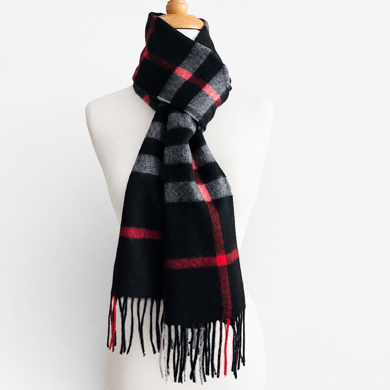 Cosy black and red Australian made alpaca winter scarf perfect for him