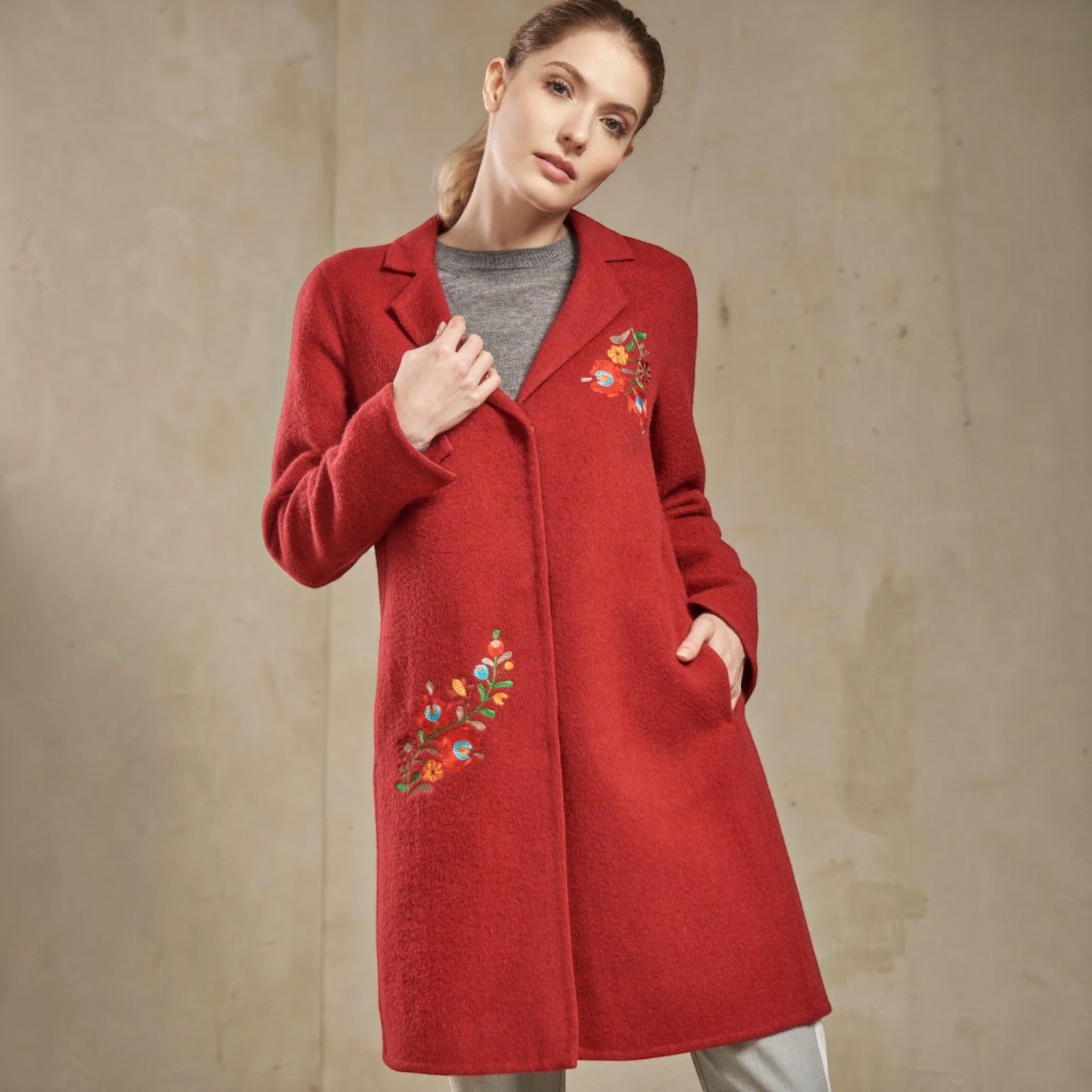 Women’s Selina ruby red baby alpaca coat with floral embroidery, notched collar and side pockets