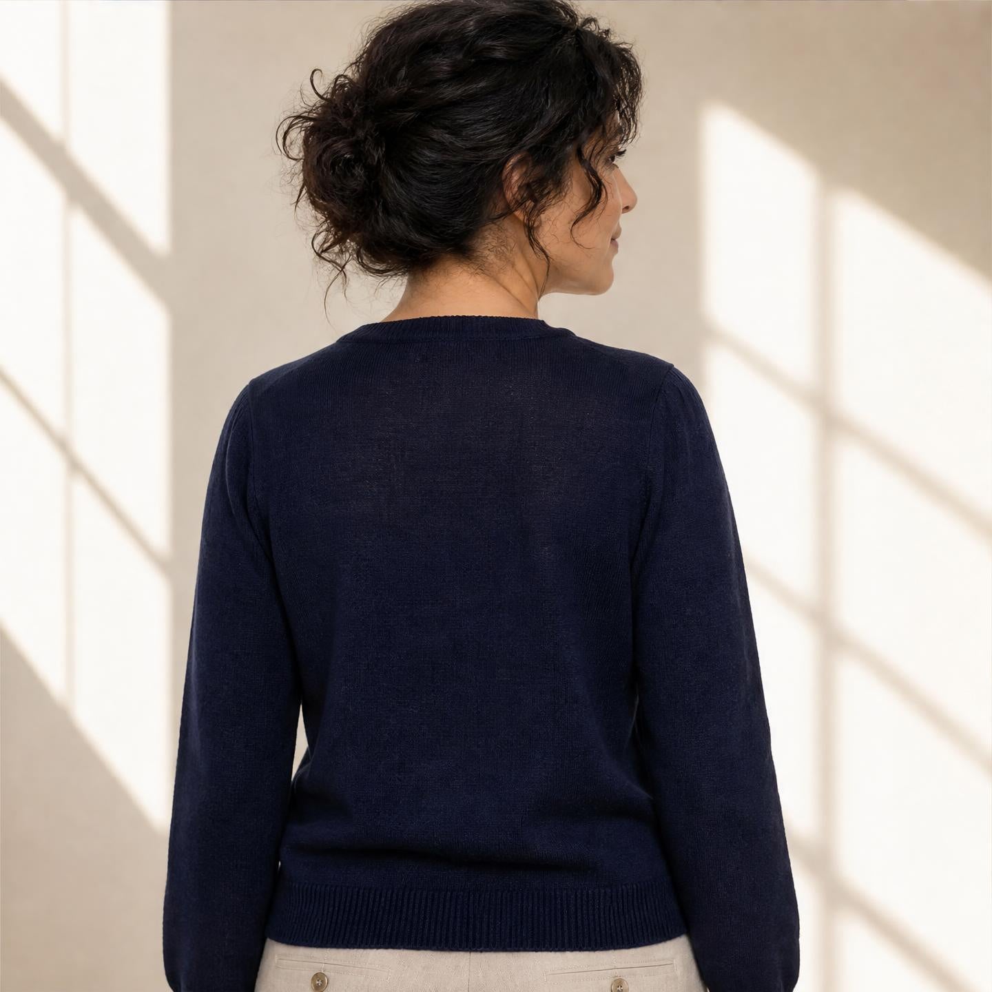 Navy Sharon cardigan with round neckline and covered buttons