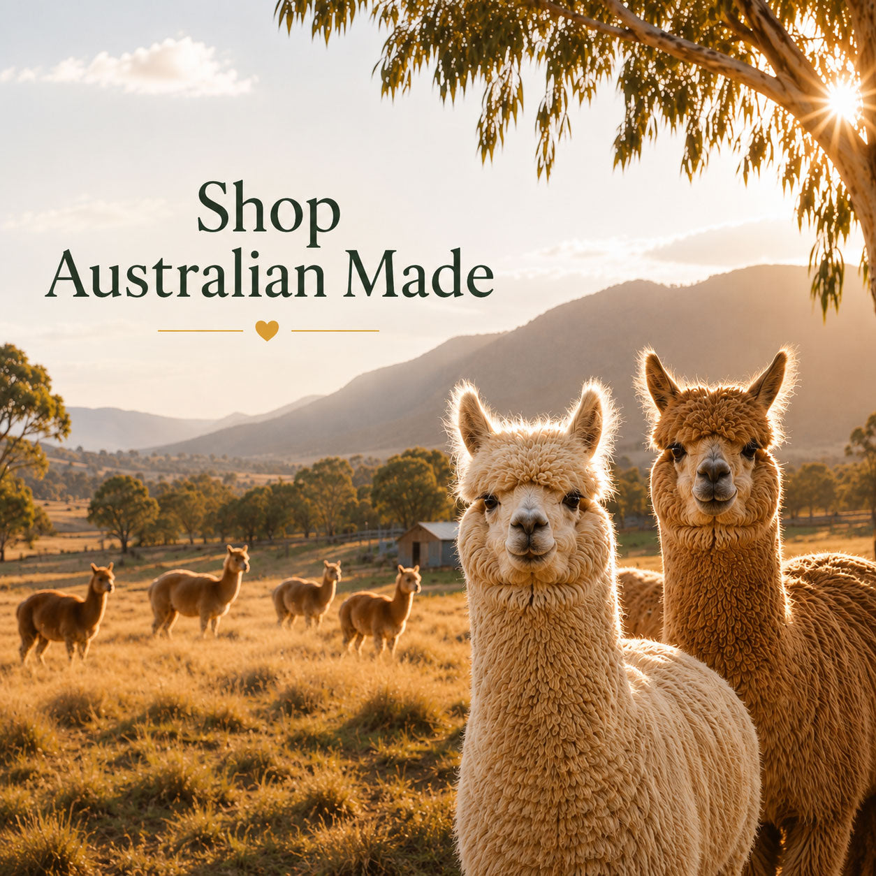 Two alpacas in a sunlit Australian landscape with mountains, trees, and other alpacas in the background. Text on the left reads 'Shop Australian Made' with a small heart accent.