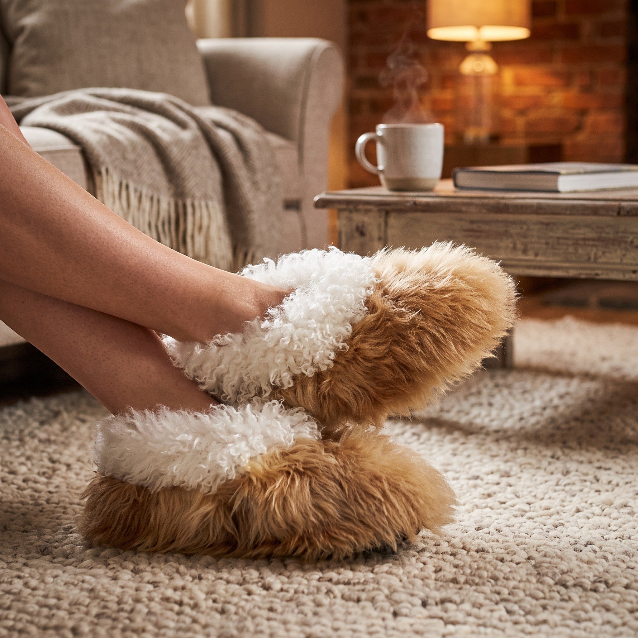 Close-up of natural alpaca fur texture on reversible indoor slippers