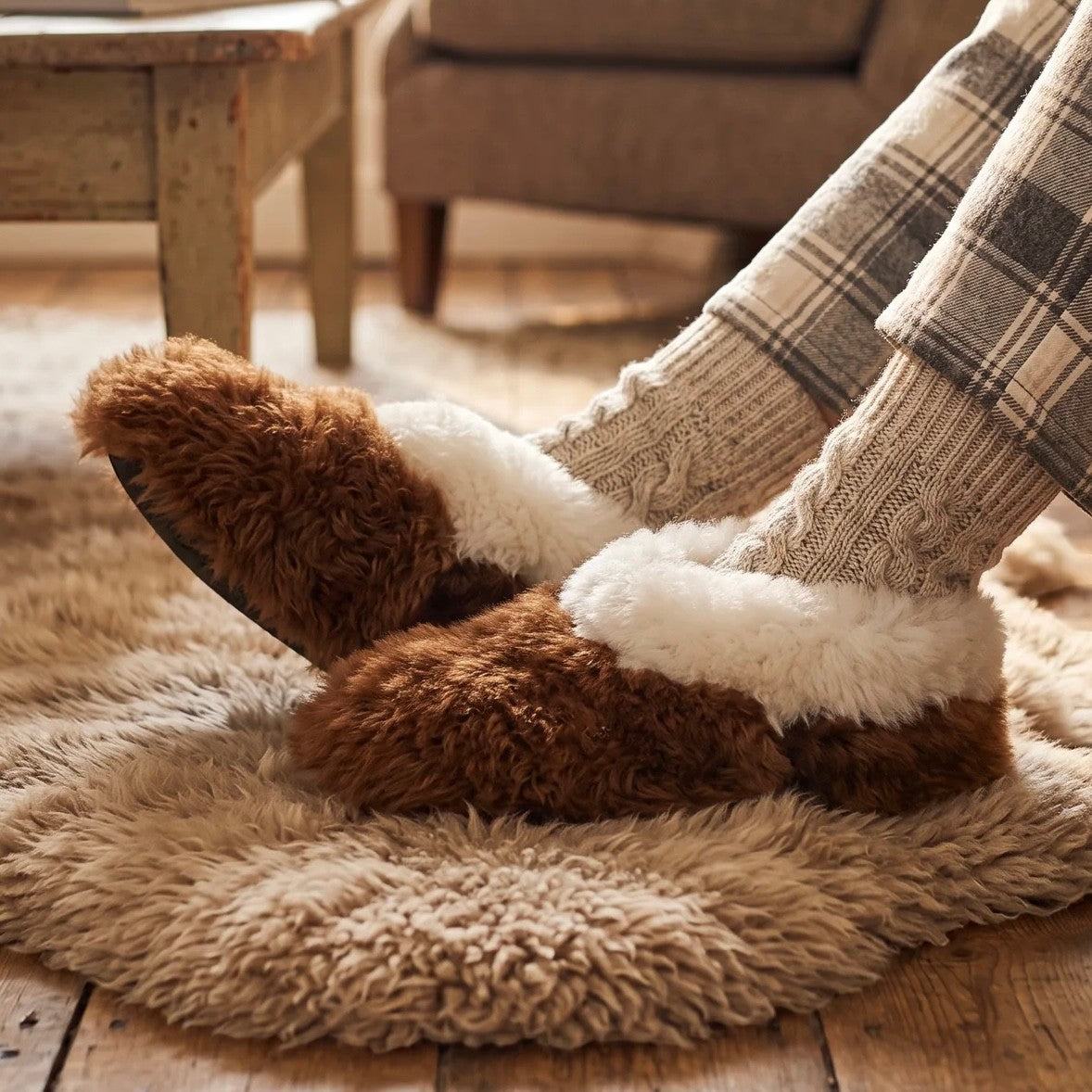 Brown and cream alpaca house slippers with cushioned interiors