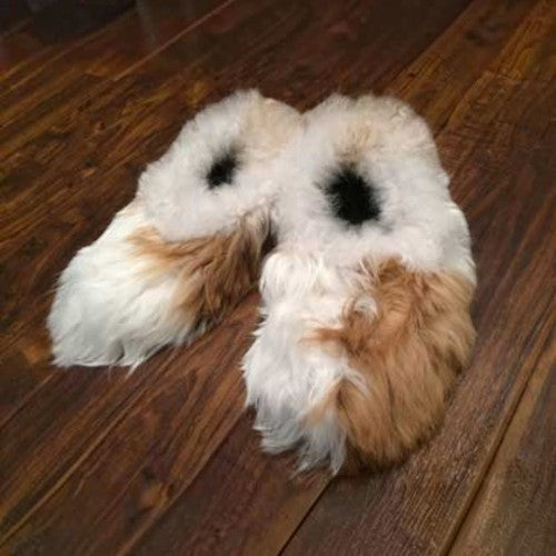 Natural alpaca fur slippers showing unique colour and marking variations