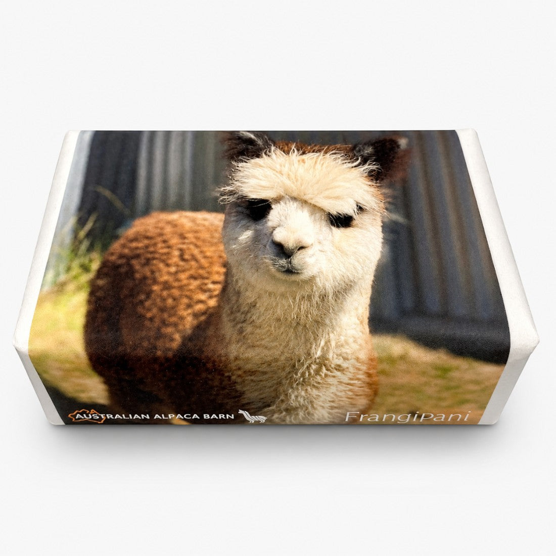 Australian-made triple-milled soap with frangipani and lemon myrtle fragrance in an alpaca photo wrapper.