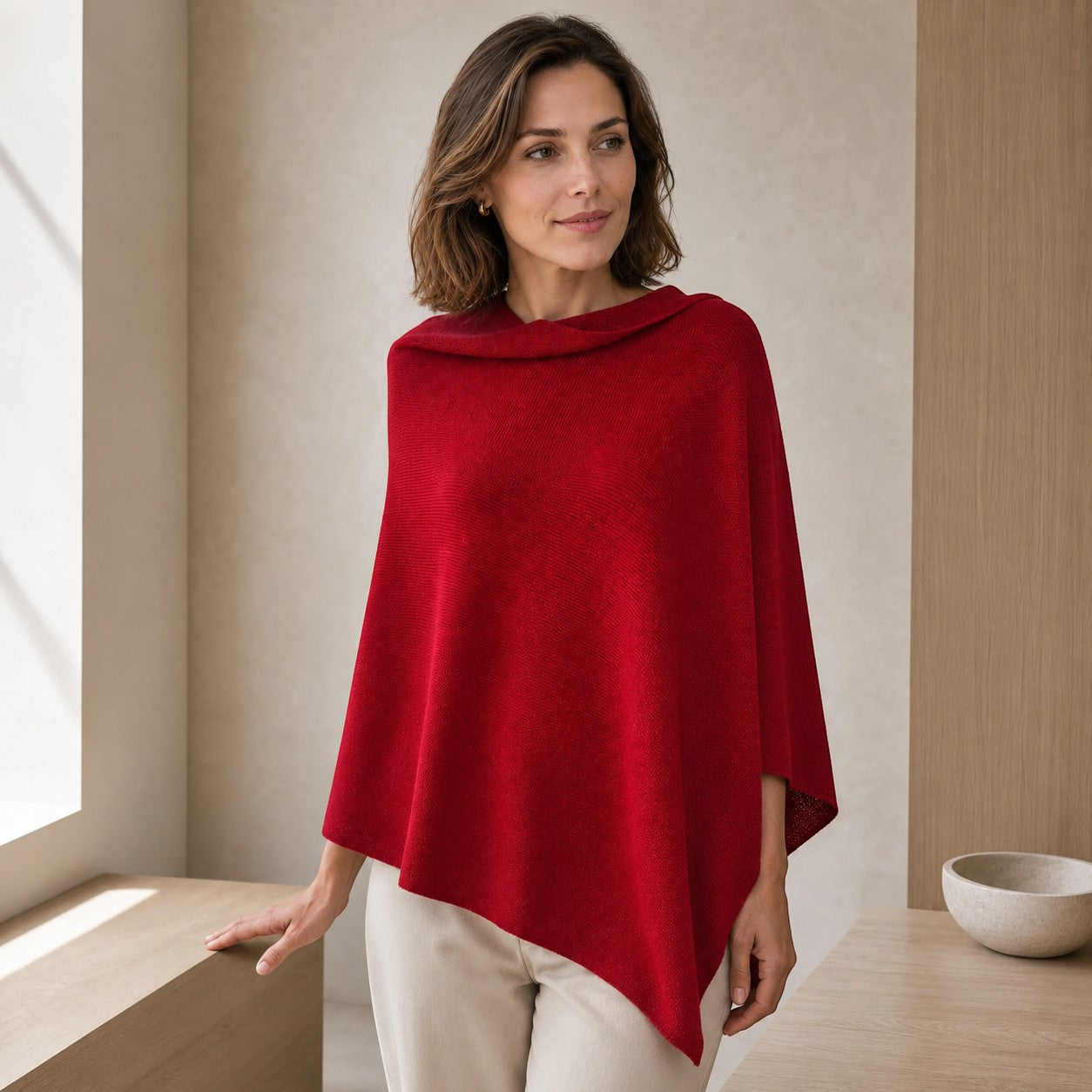 Red 100% alpaca links-knit poncho styled over neutral trousers