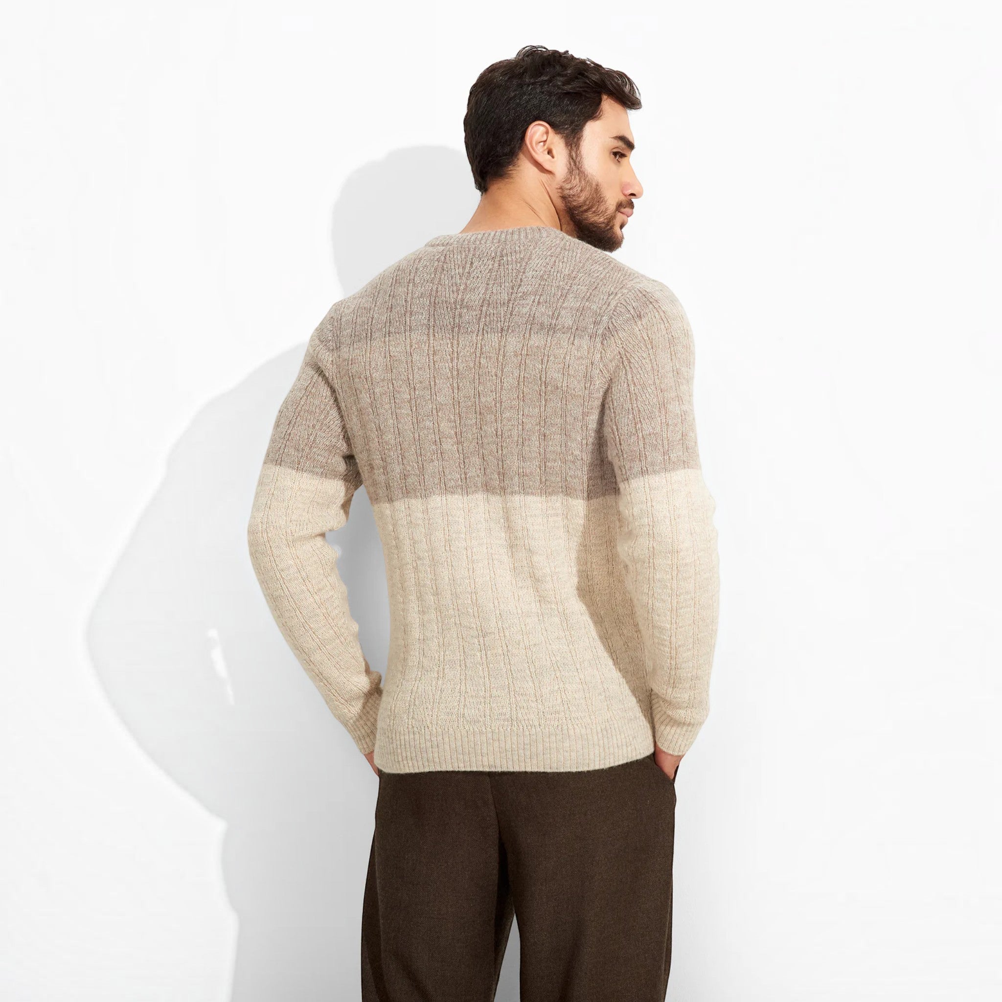 Male model wearing luxury alpaca knitwear