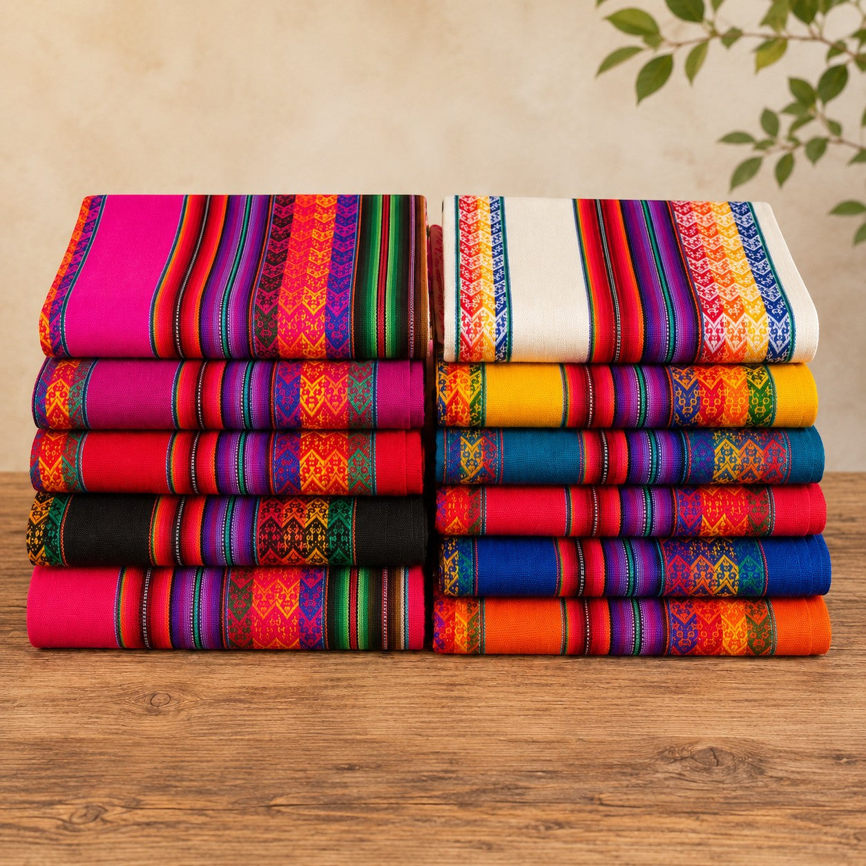 Stack of colourful woven tablecloths, Peruvian fabric to brighten a room.