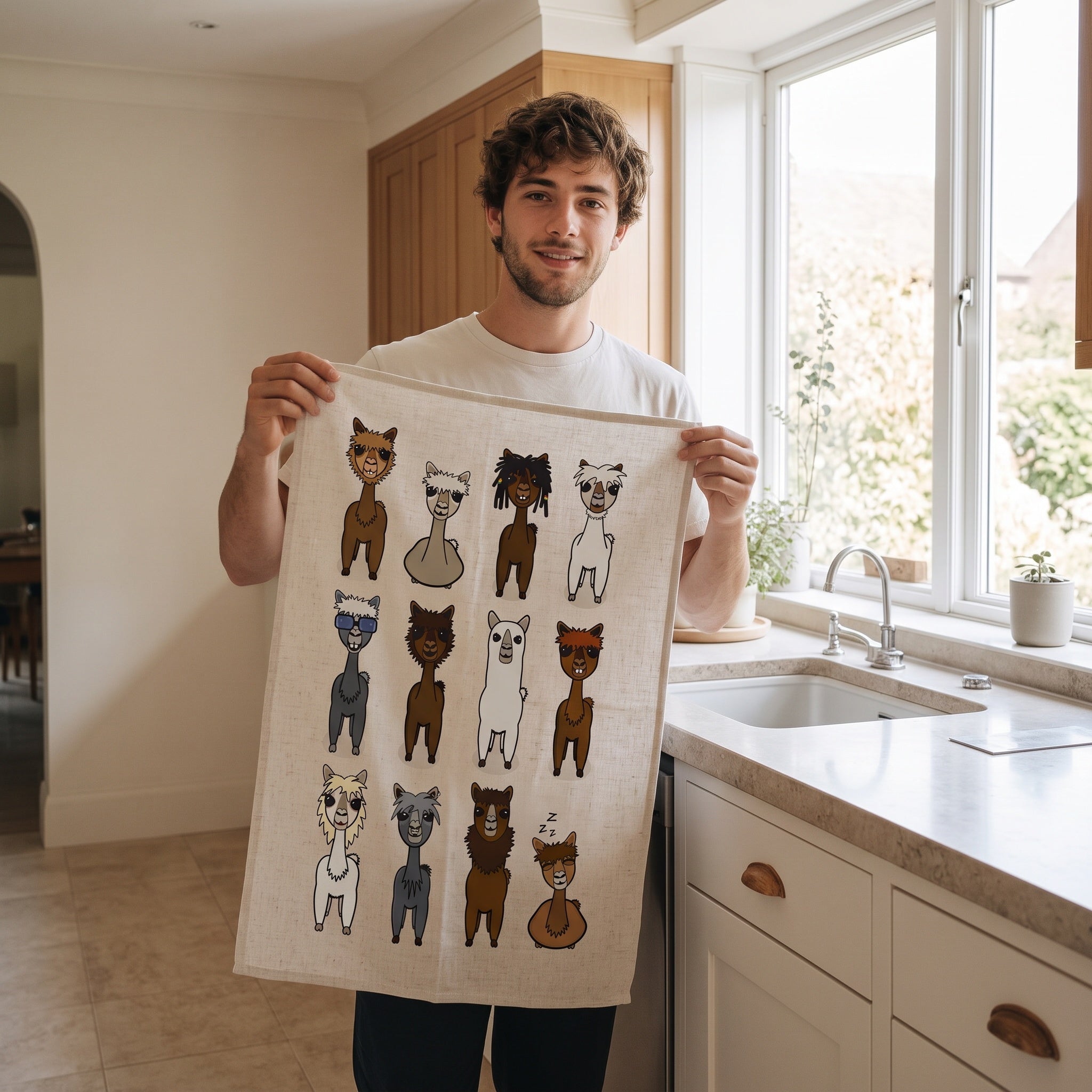 Cotton tea towel featuring a colourful alpaca illustration