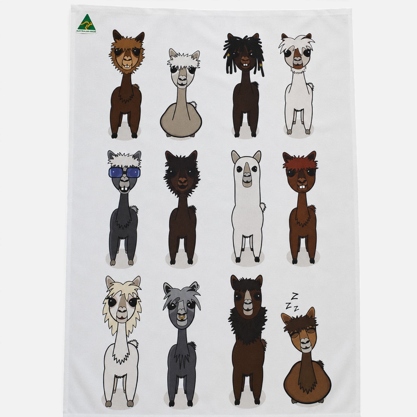 Printed cotton tea towel featuring an Australian alpaca design