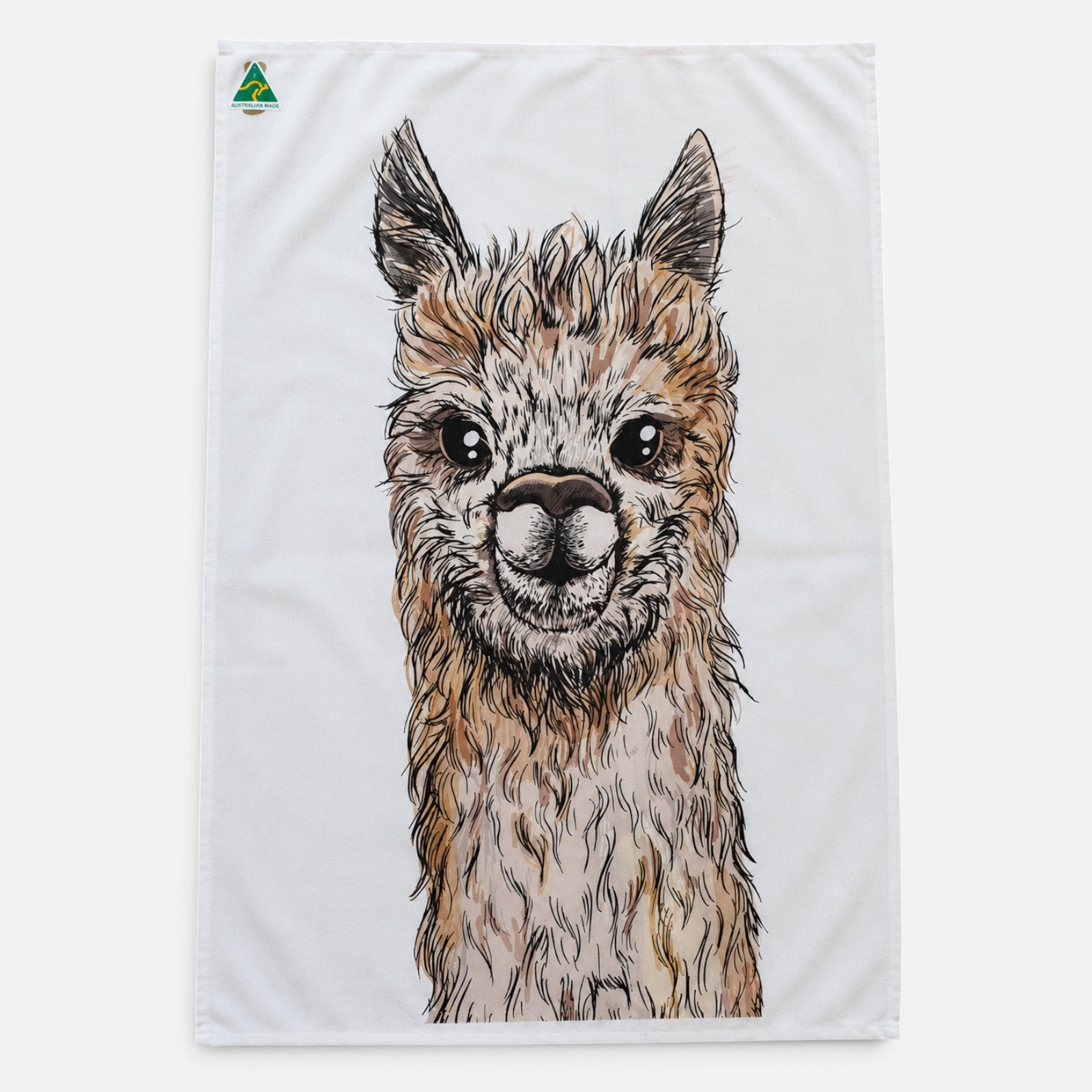 Alpaca lover’s cotton tea towel with colourful animal illustration