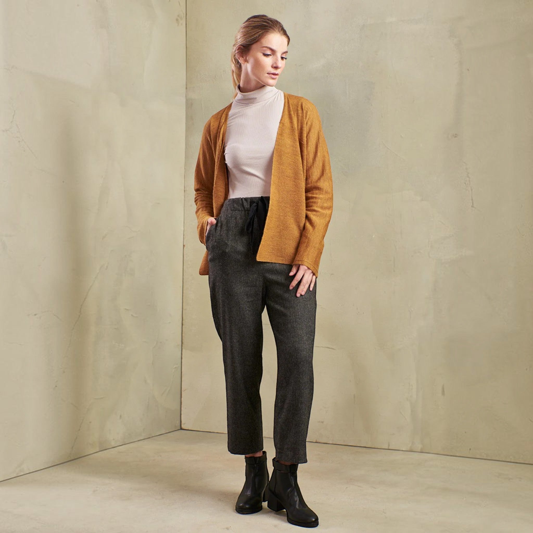 Women’s KUNA Tomorrow alpaca cardigan styled for everyday layering