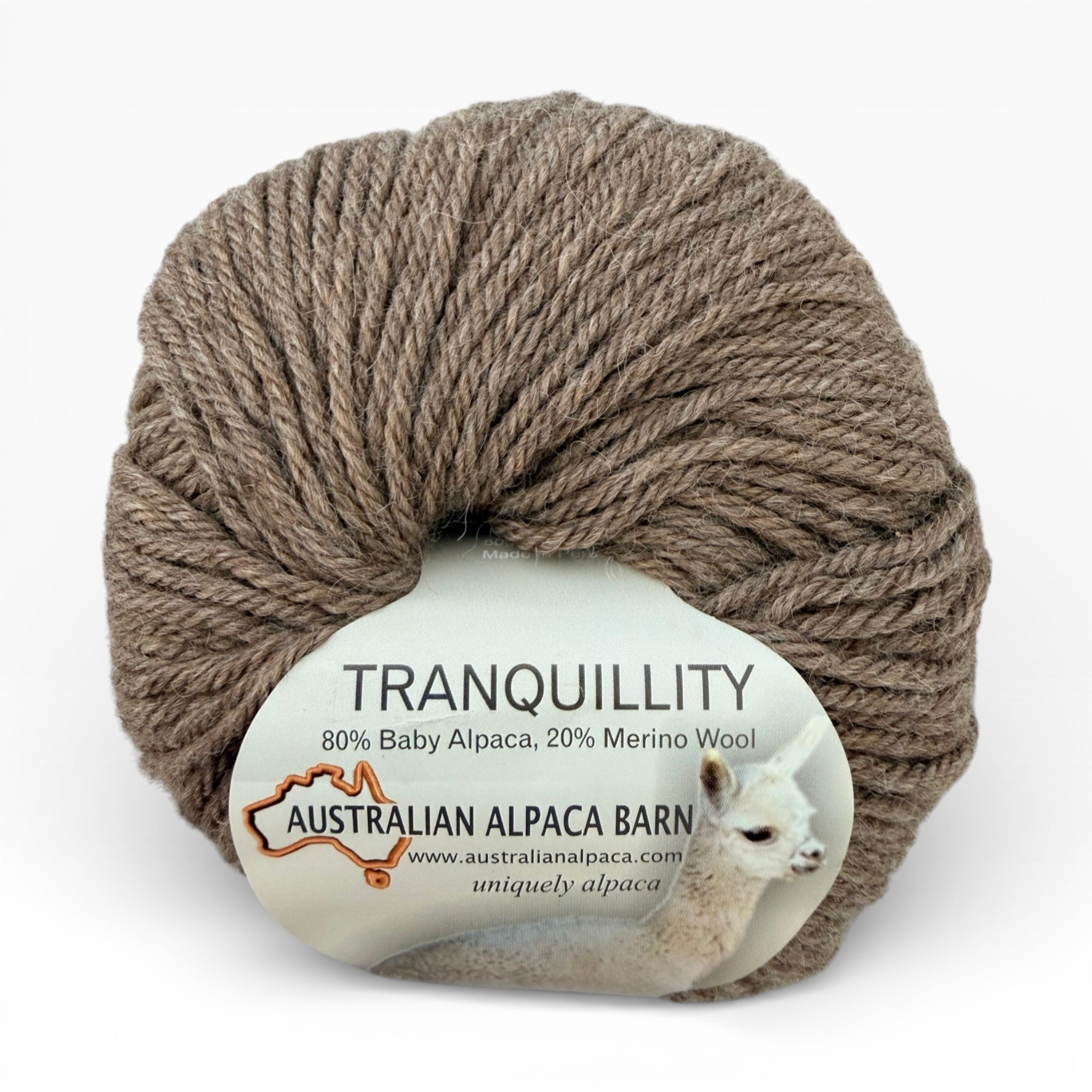 Australian Alpaca Barn 8 Ply Baby Alpaca and Merino Tranquillity yarn ball in nutmeg