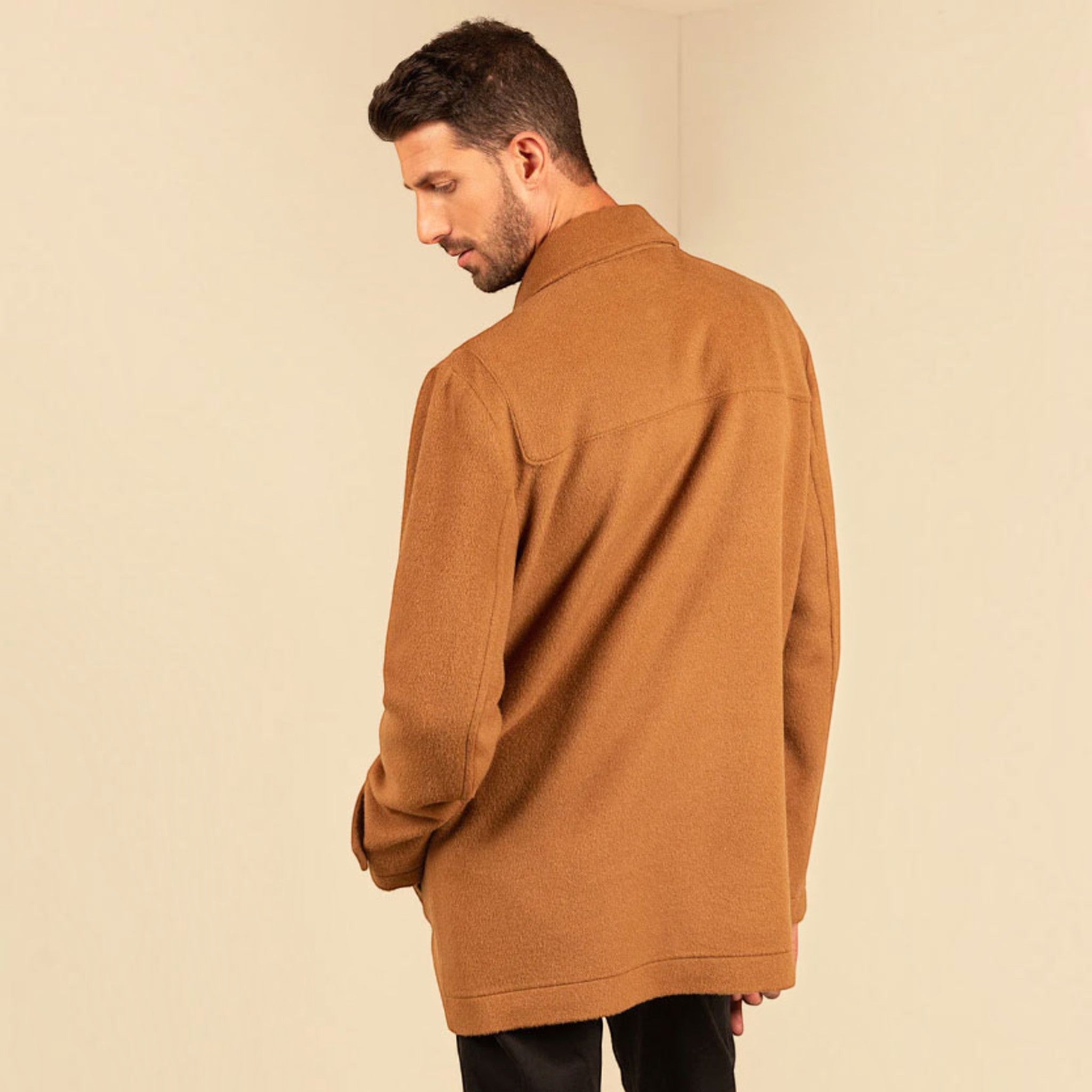 Back view of the Troiry Baby Alpaca coat in warm camel brown