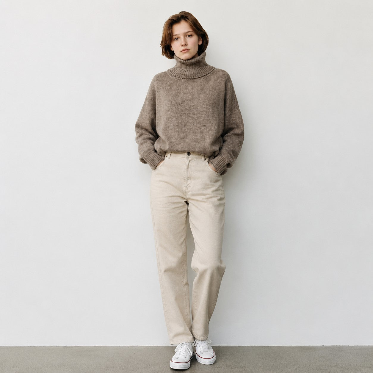 Woman wearing neutral alpaca turtleneck sweater with classic winter outfit.