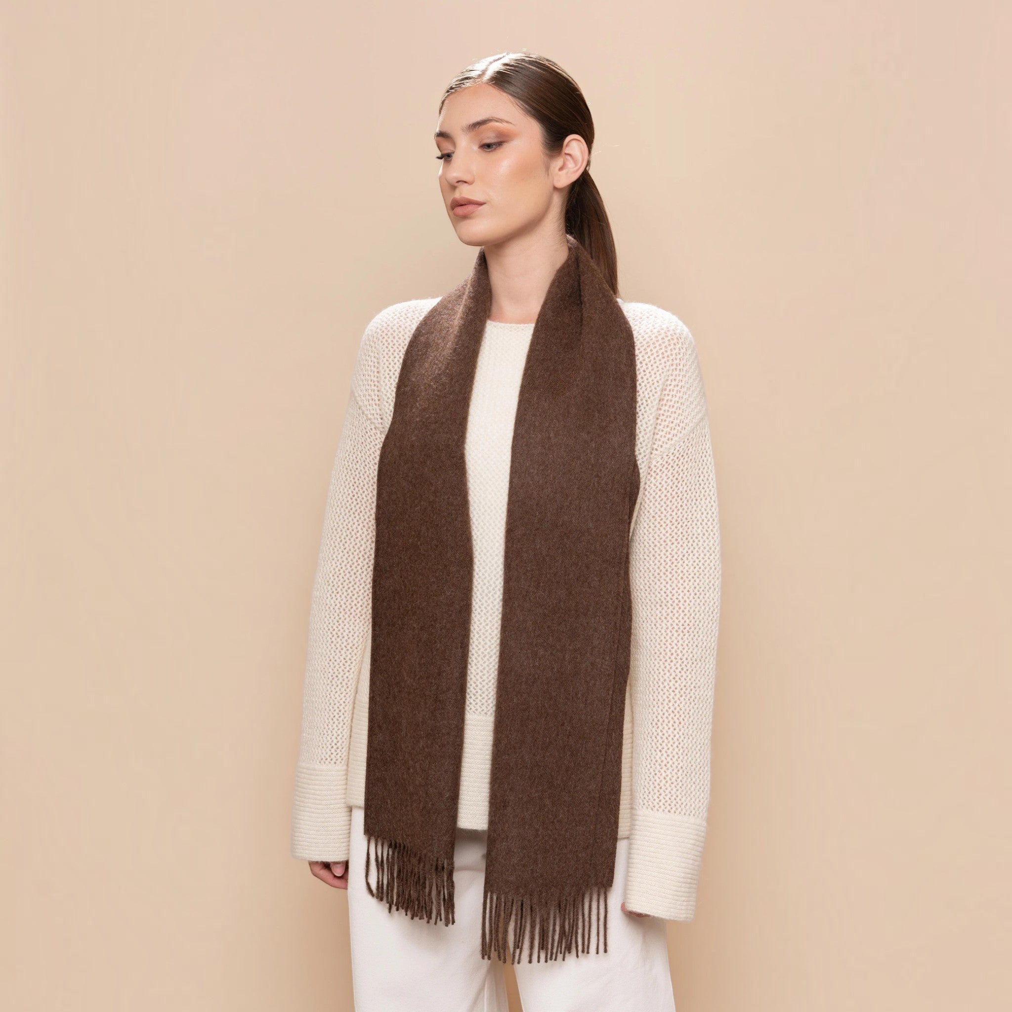 Brown undyed Baby Alpaca Eco scarf with soft brushed texture and twisted fringes