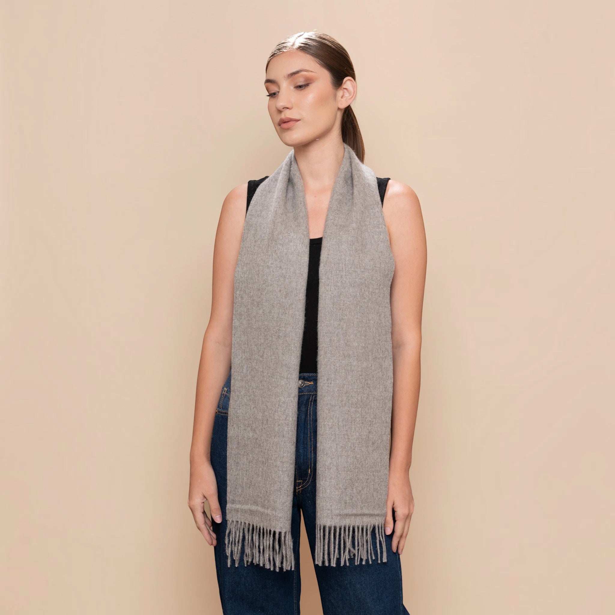Mid grey undyed Baby Alpaca Eco scarf with brushed texture and twisted fringes