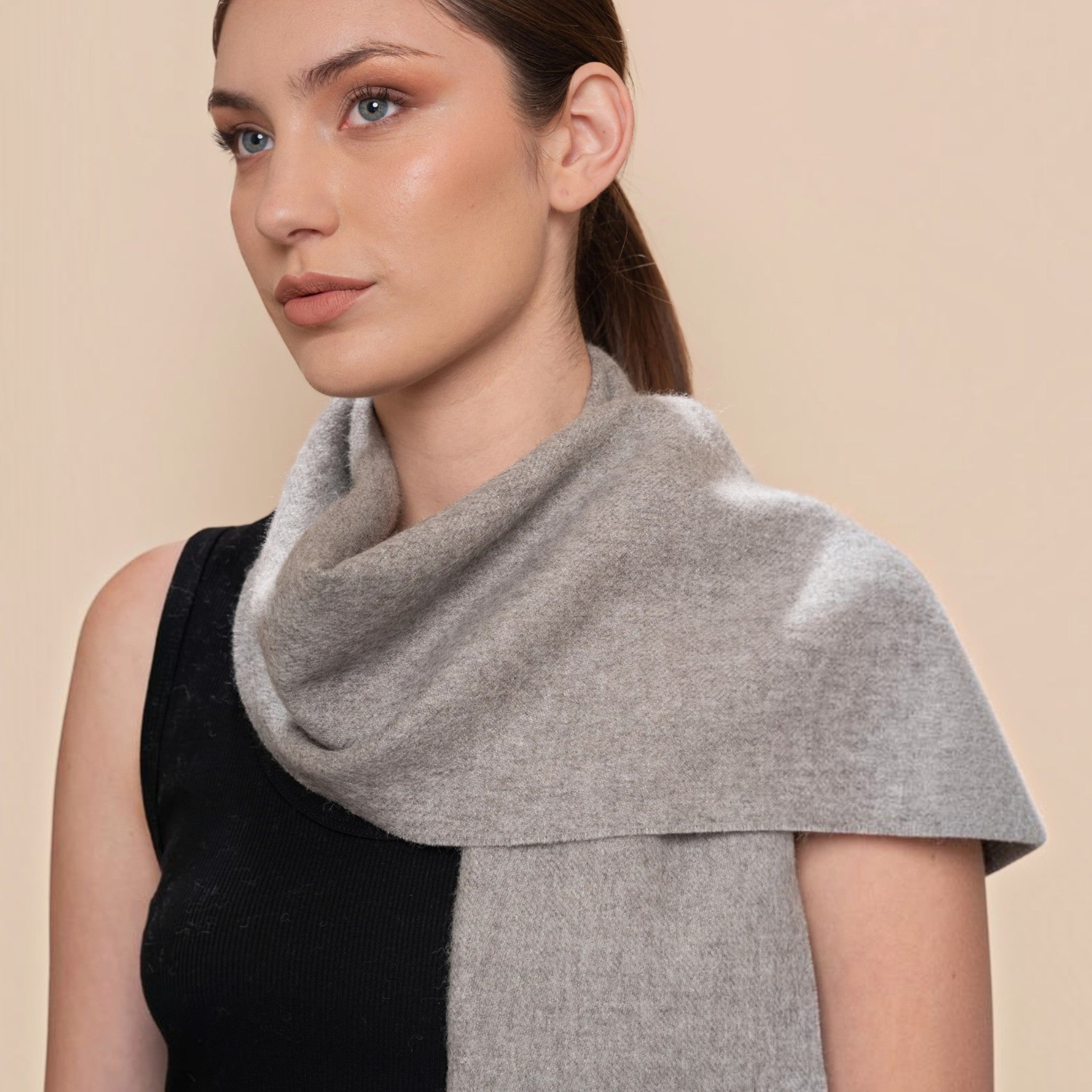 Natural mid grey 100% Baby Alpaca Eco scarf with soft, refined finish