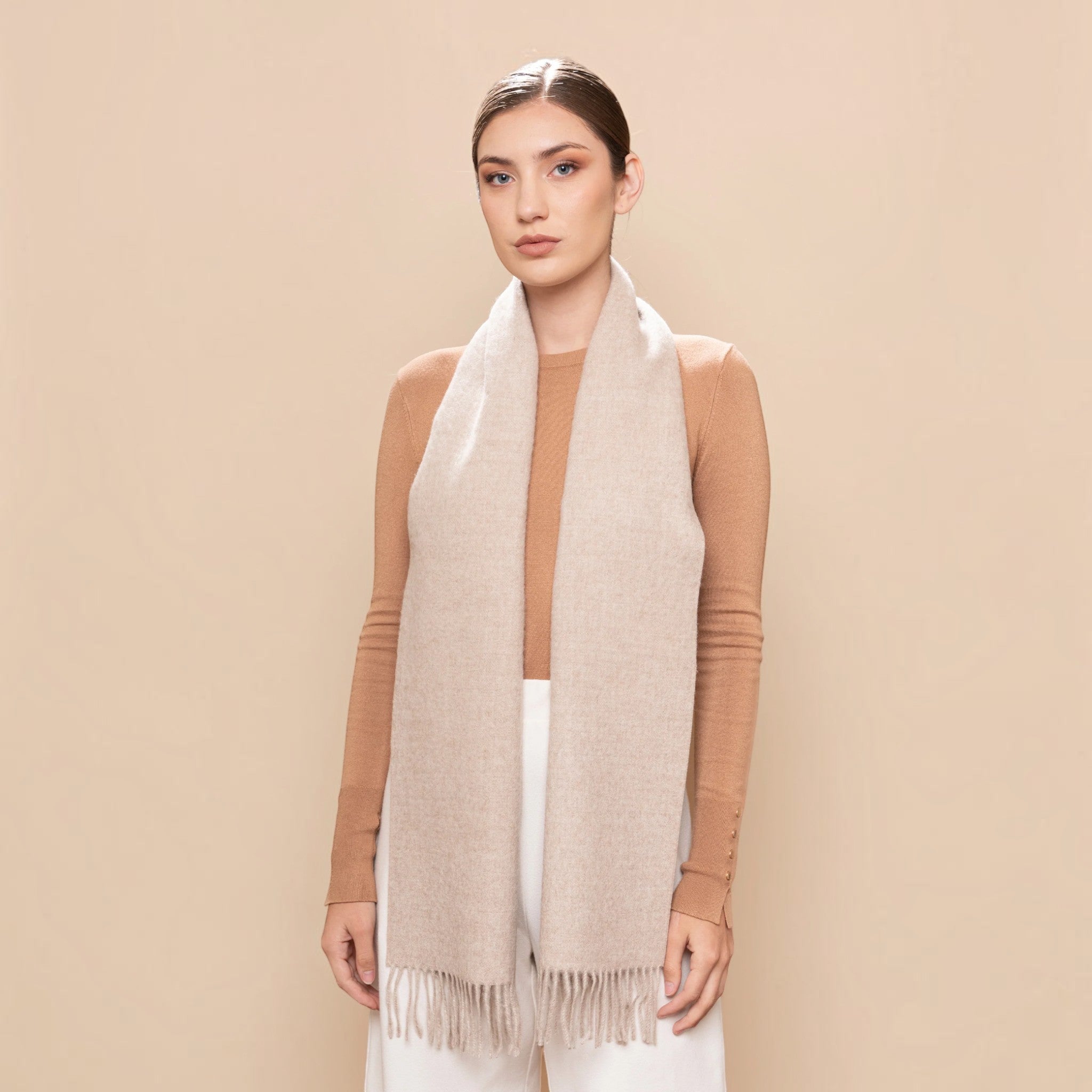 Oatmeal undyed Baby Alpaca Eco scarf with brushed finish and elegant twisted fringes