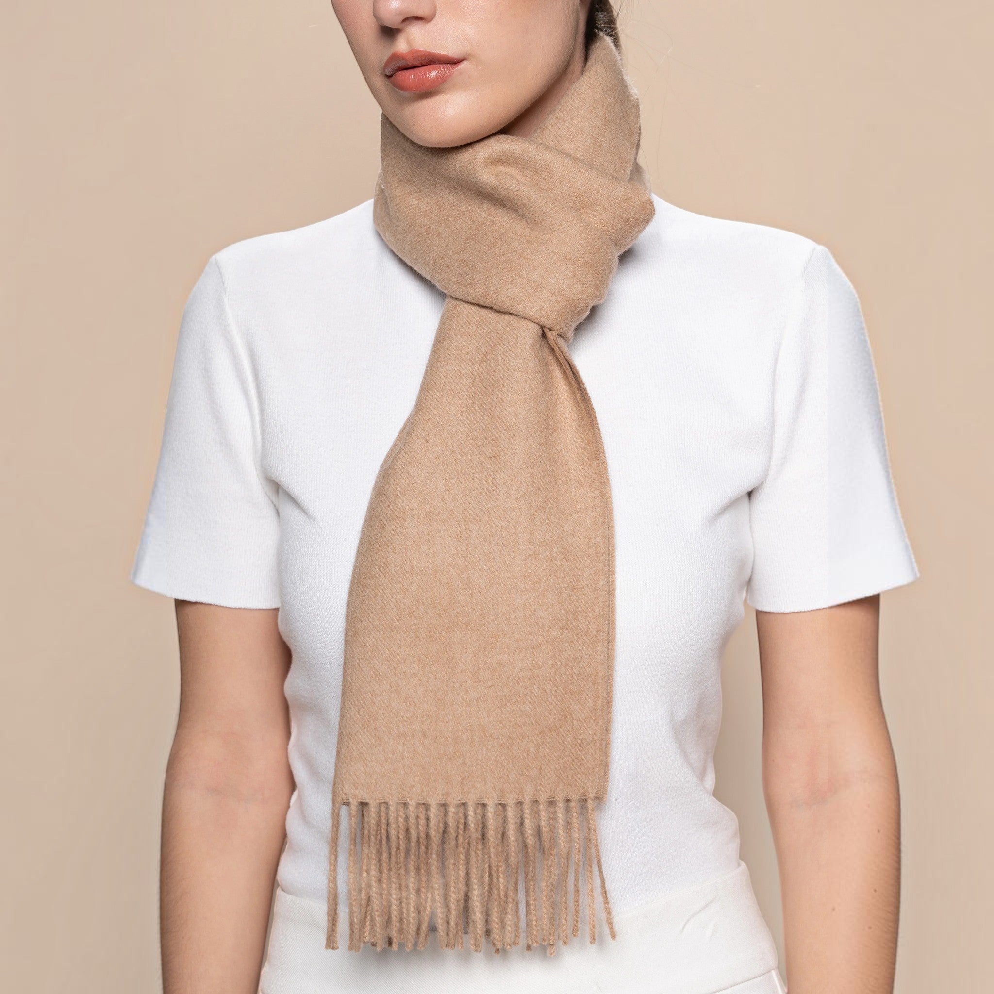 Natural beige 100% Baby Alpaca Eco scarf with understated tone and elegant drape