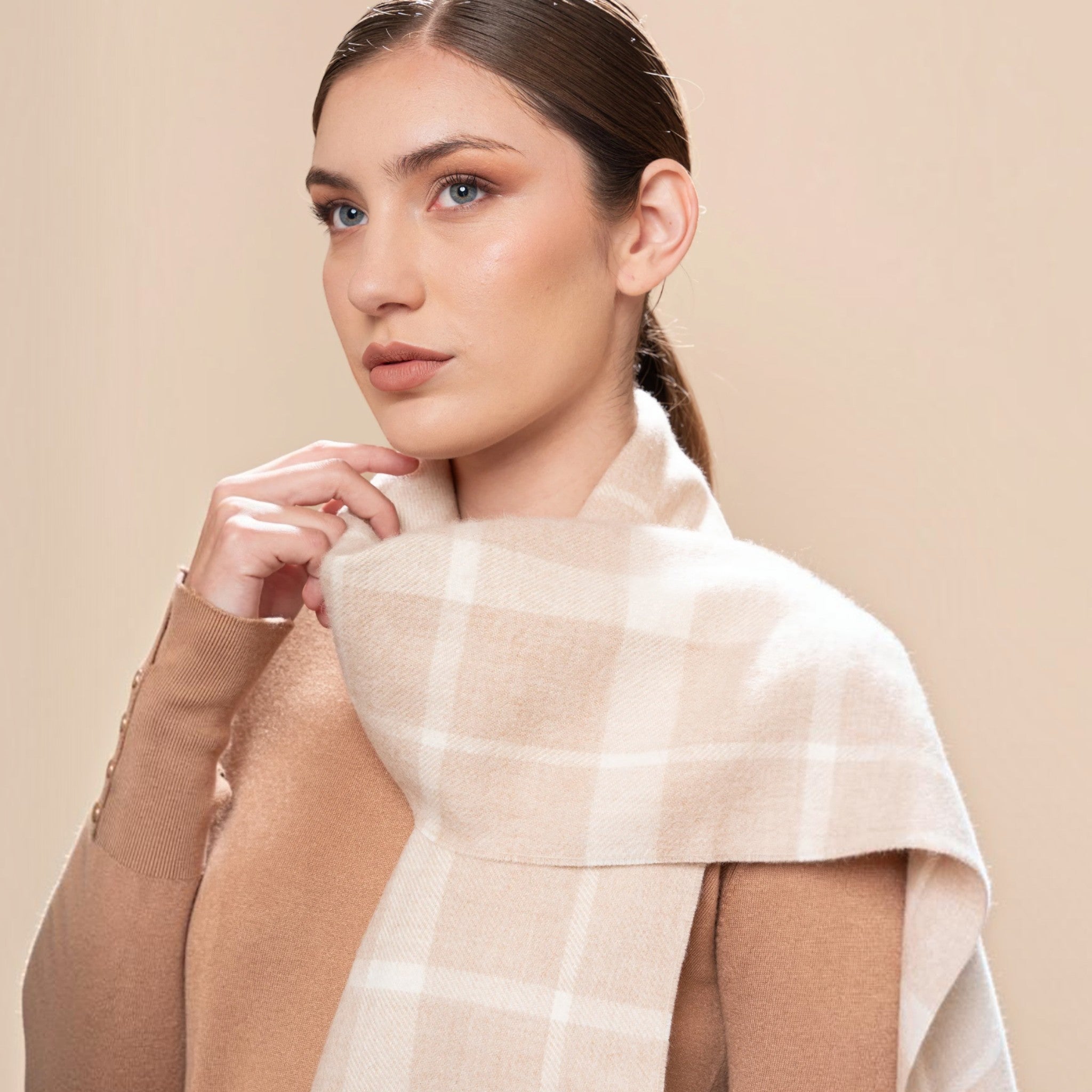 Natural white and beige Baby Alpaca plaid scarf with luxurious brushed finish and twisted fringe