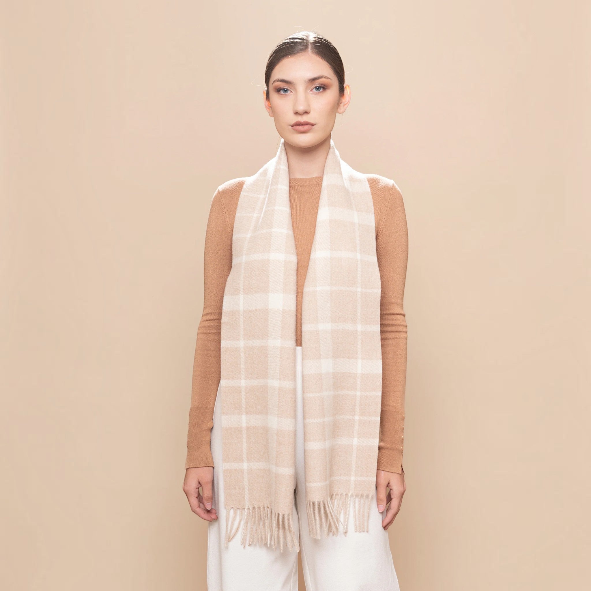 White and beige Eco Undyed Plaid Scarf in 100% Baby Alpaca with subtle natural check pattern