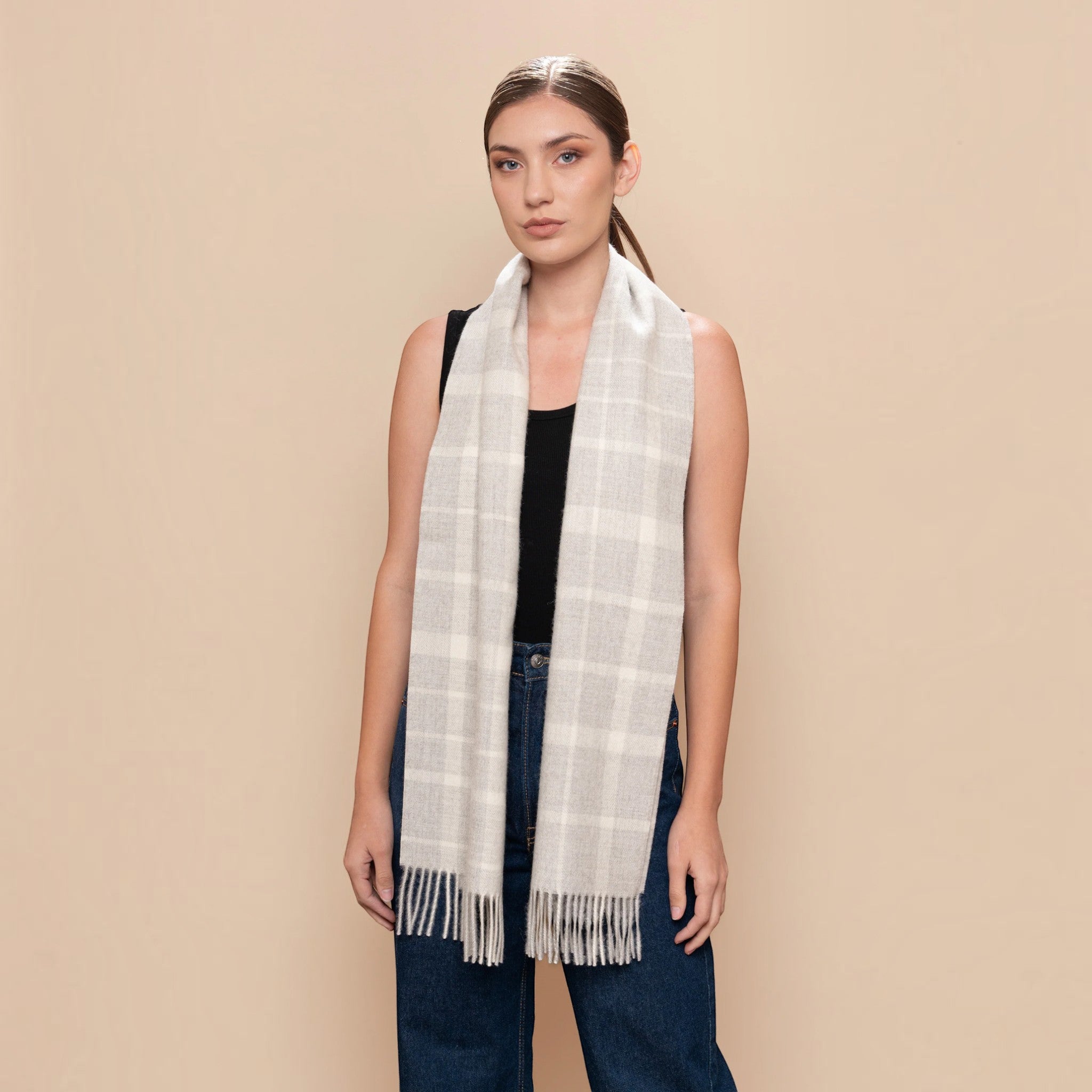 White and grey Eco Undyed Plaid Scarf crafted from 100% Baby Alpaca with classic check design