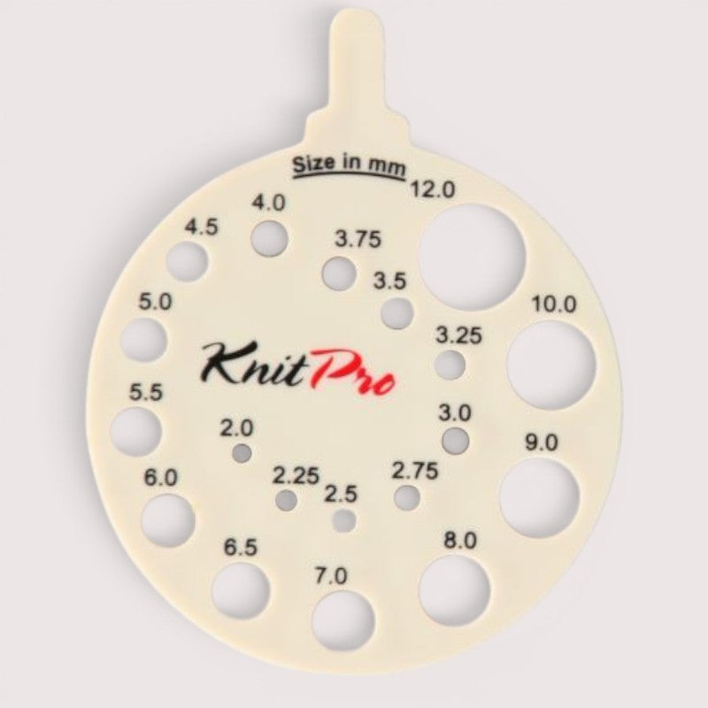 KnitPro view sizer for checking knitting needle sizes and gauge.