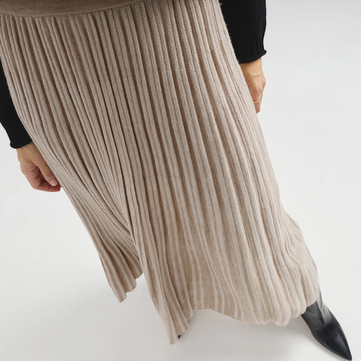 Vitae beige pleated knit skirt with lightweight flowing silhouette