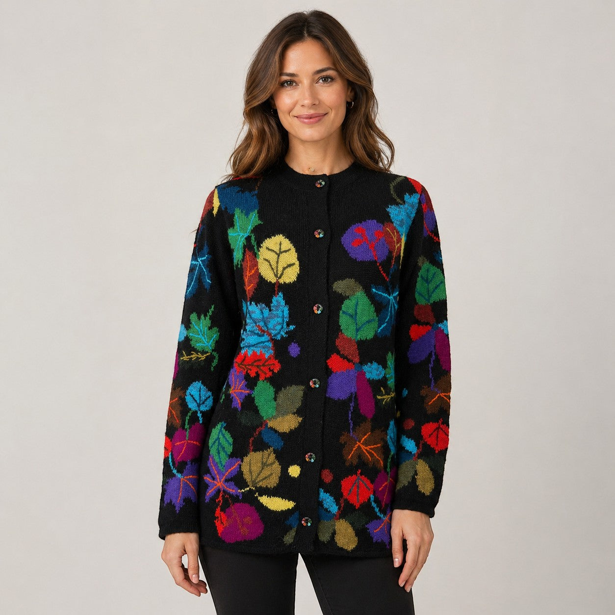 Lady wearing multicolour intarsia cardigan with hand painted buttons