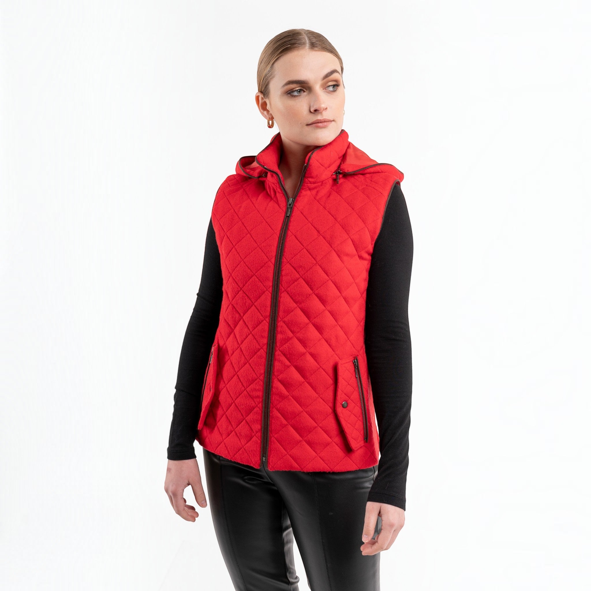 Women’s red quilted baby alpaca vest with removable hood and front zip